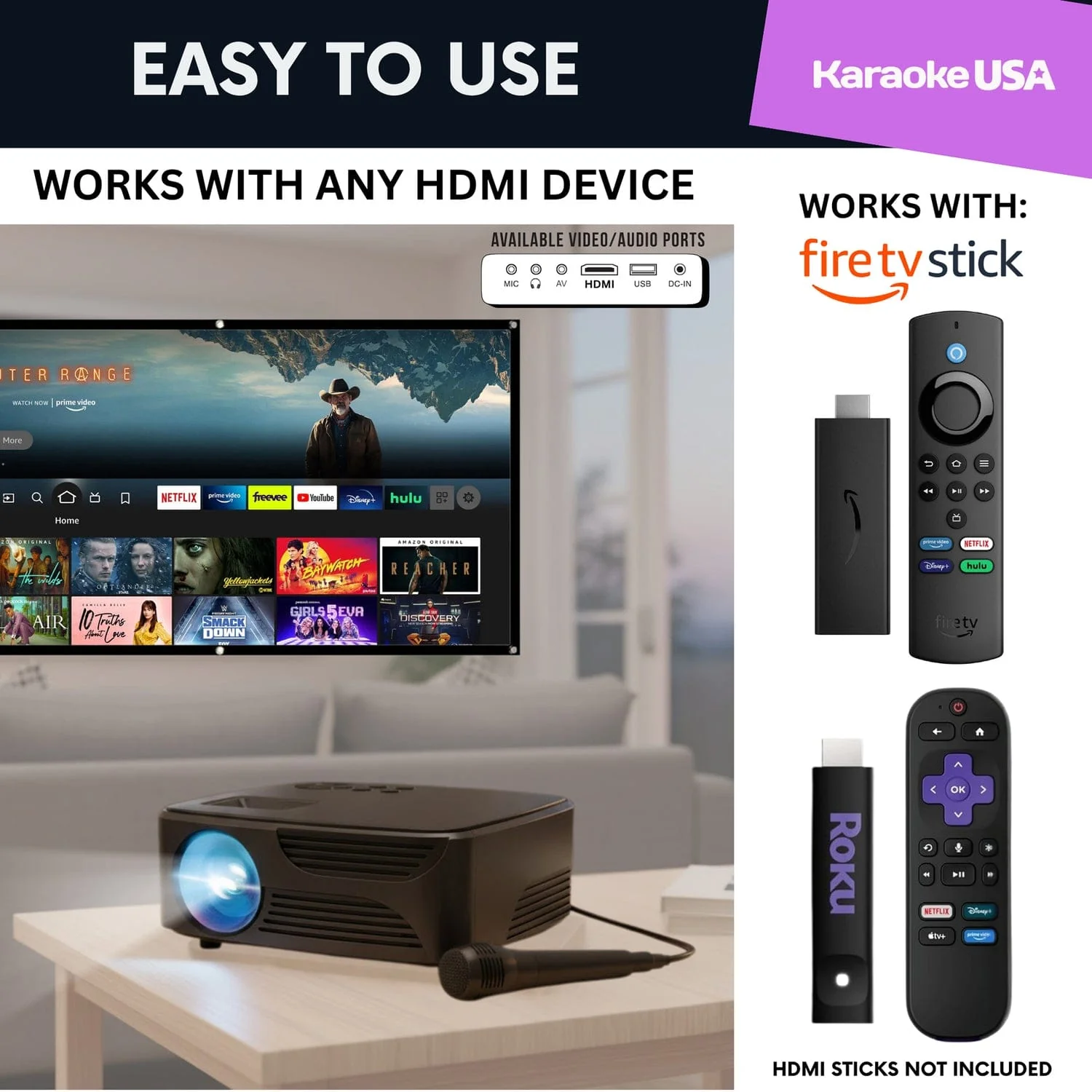 Karaoke USA All-in-1 720p Mini Bluetooth Projector Set with Screen, Karaoke Microphone, and Remote - Image 4