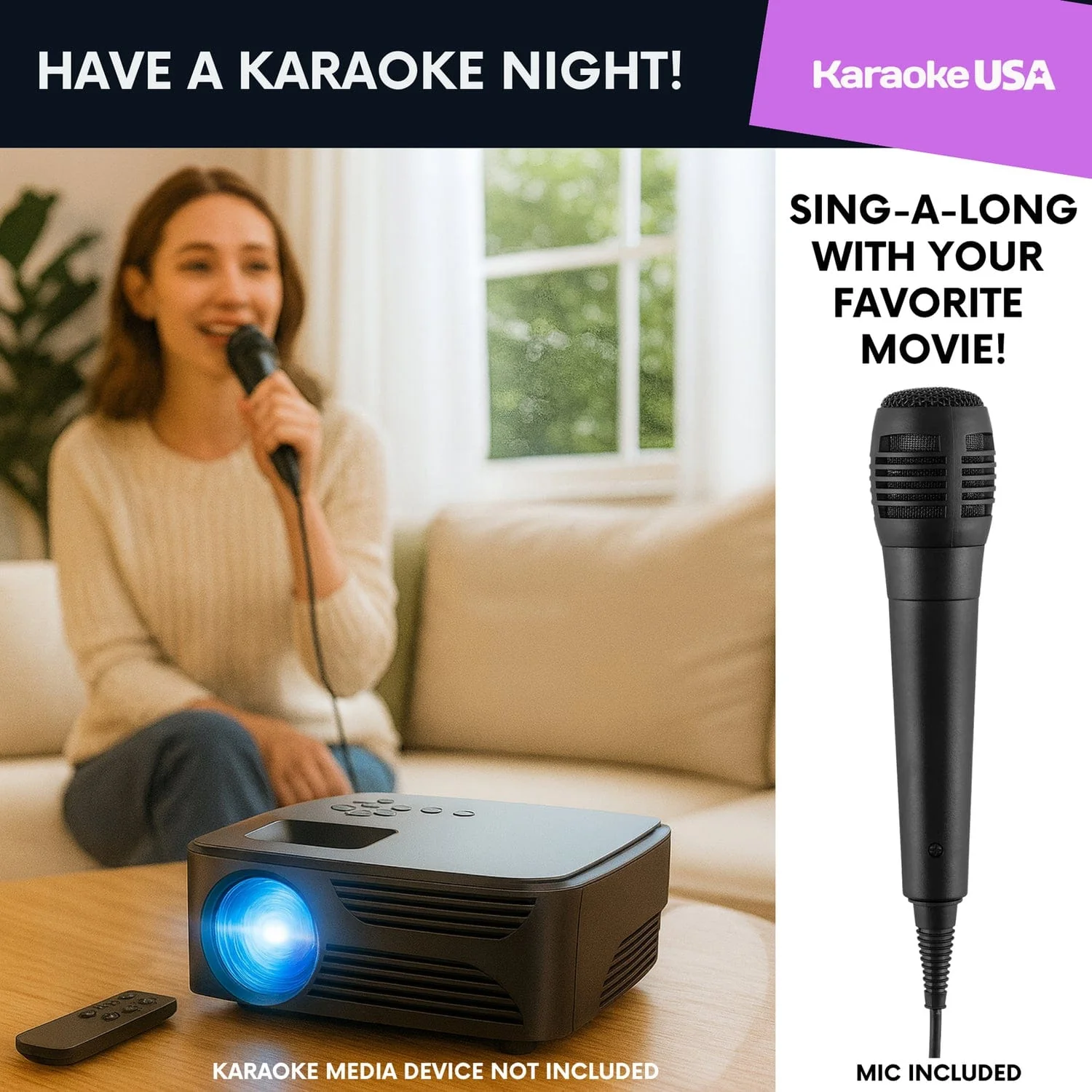 Karaoke USA All-in-1 720p Mini Bluetooth Projector Set with Screen, Karaoke Microphone, and Remote - Image 5