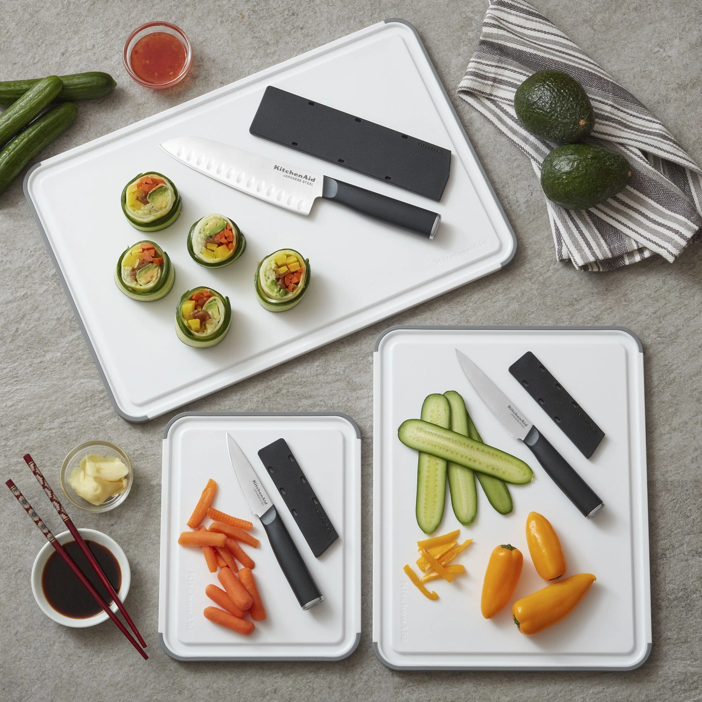 KitchenAid Classic Plastic Cutting Board with Perimeter Trench and Non Slip Edges, Dishwasher Safe, 11 inch x 14 inch, White and Gray - Image 3