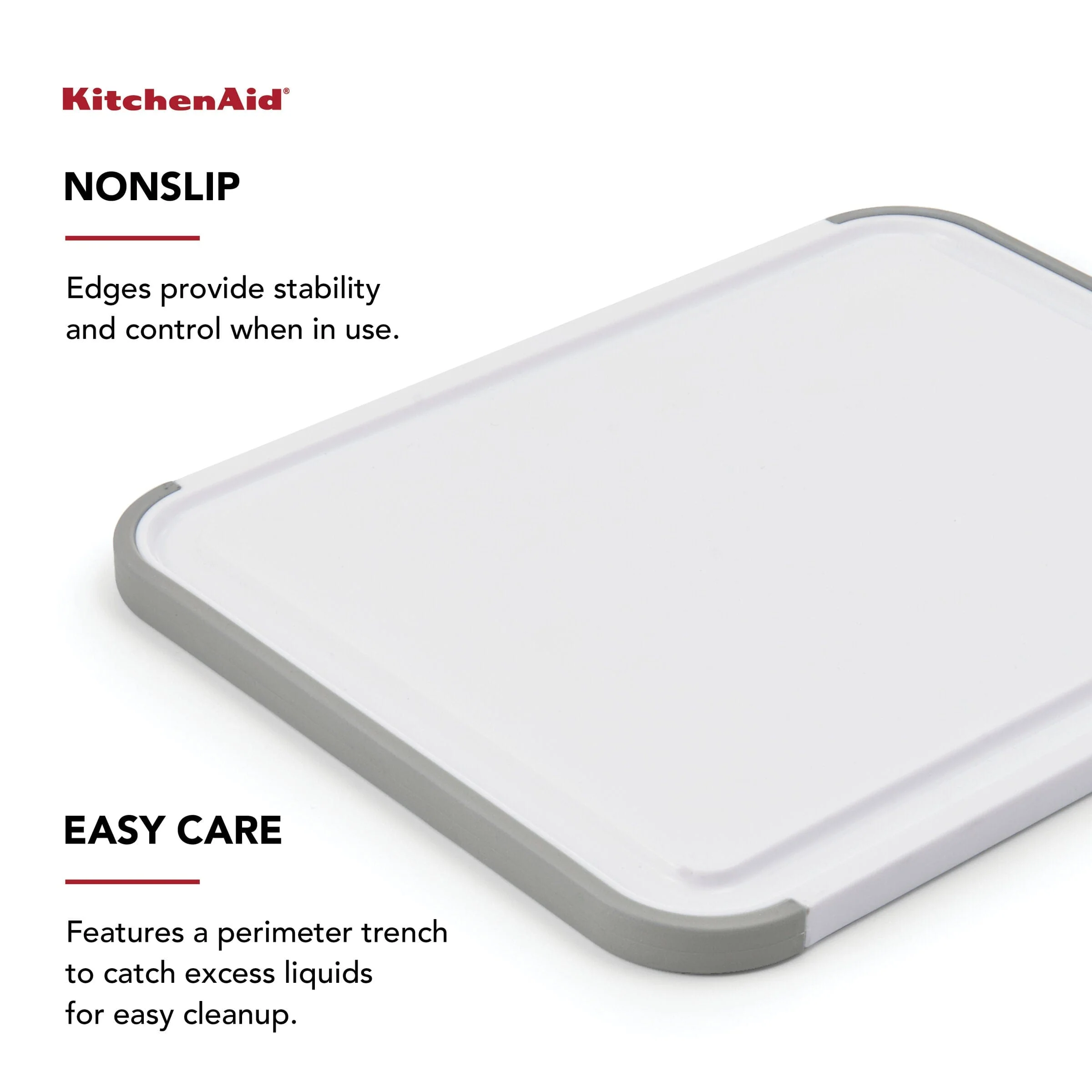 KitchenAid Classic Plastic Cutting Board, Perimeter Trench, Non Slip Edges, Dishwasher Safe, 8x10in, White and Gray - Image 3