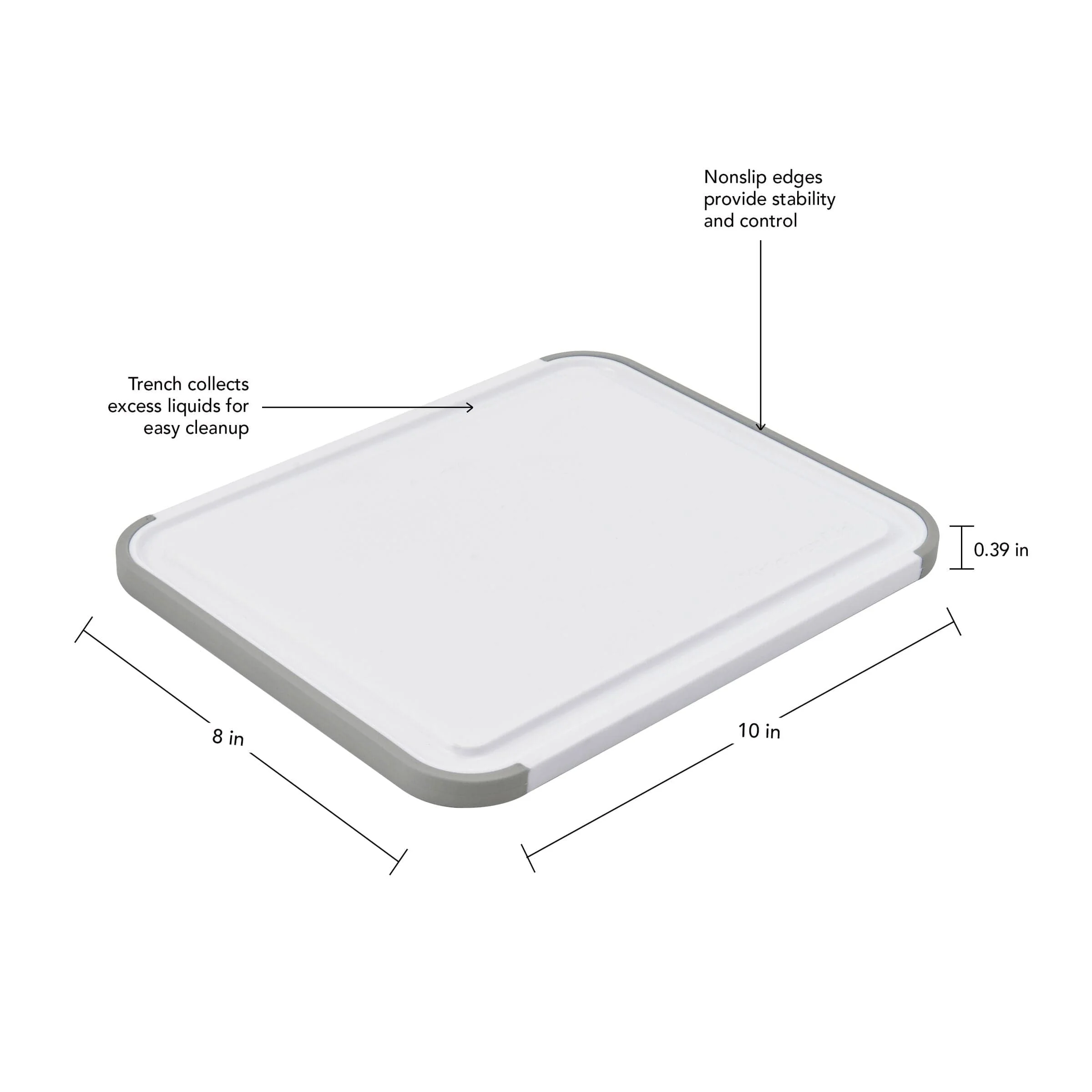 KitchenAid Classic Plastic Cutting Board, Perimeter Trench, Non Slip Edges, Dishwasher Safe, 8x10in, White and Gray - Image 4