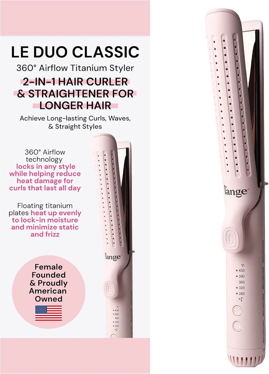 L'ange Hair Le Duo Grande 360° Airflow Styler, 2-in-1 Curling Wand & Flat Iron, Cooling Vents, Adjustable Temp, Blush - Image 2