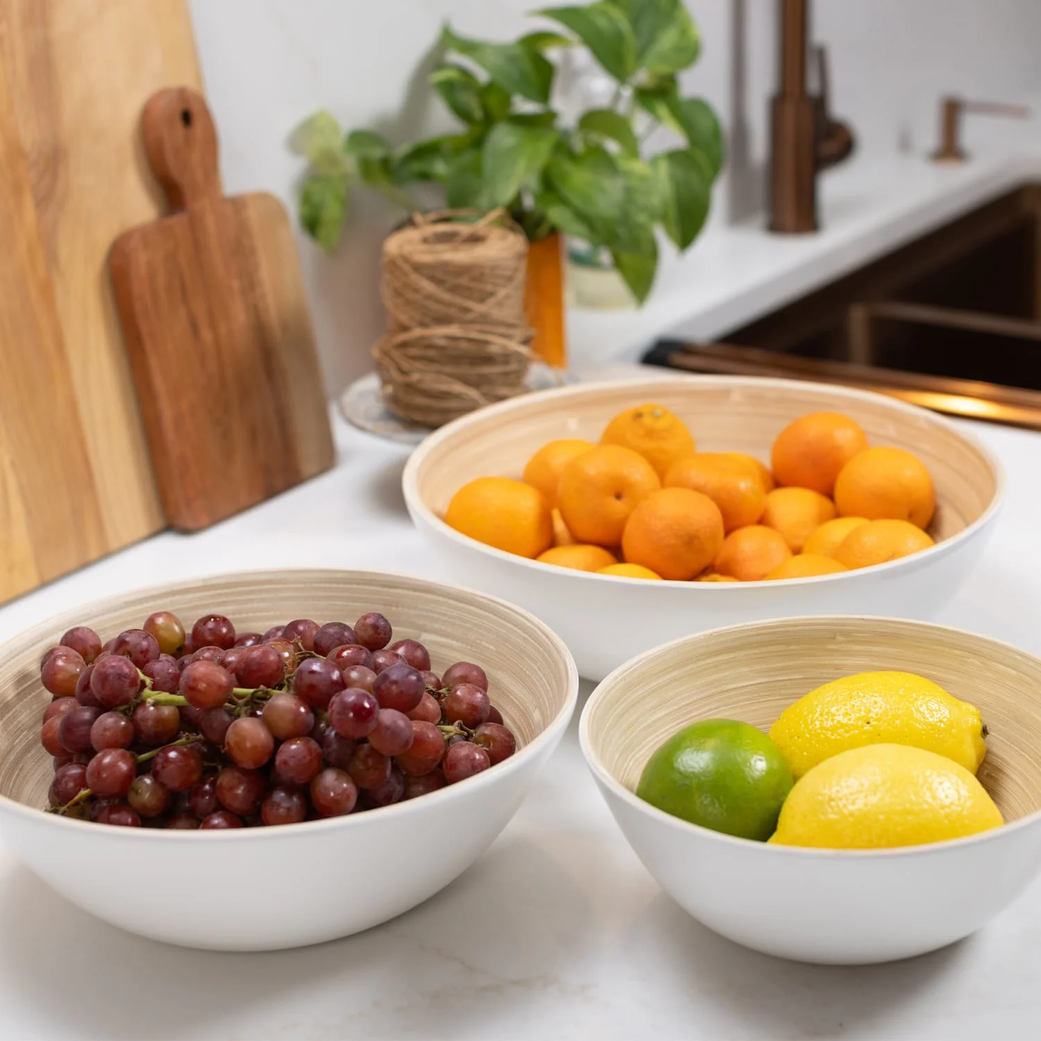 LEXA by Joyce Chen 3-Piece Bamboo Bowl Set with 12-In., 10-In., and 8-In. Bowls, White - Image 5