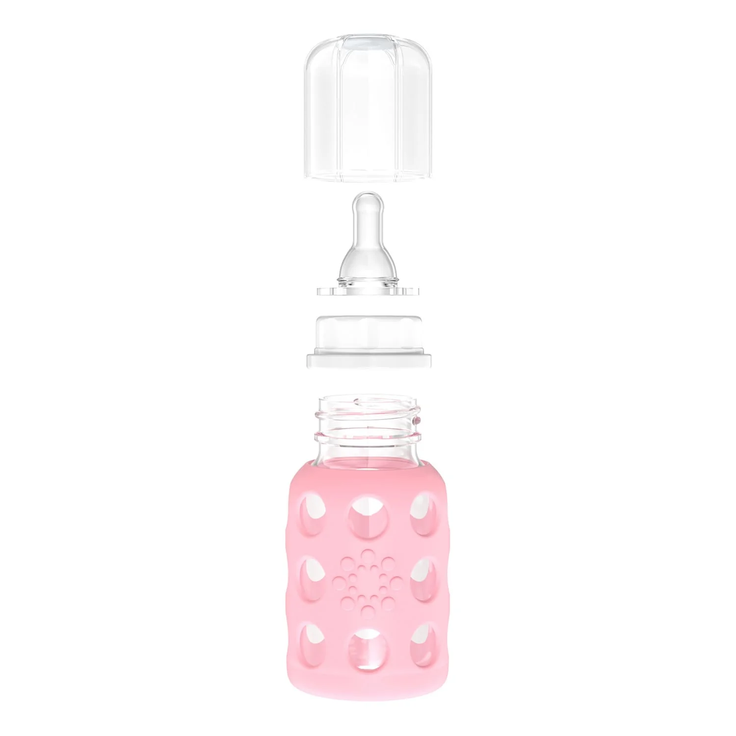Lifefactory 4-Oz. Glass Baby Bottle with Silicone Sleeve, Stage 1 Nipple, Stopper, and Cap, Pink - Image 5