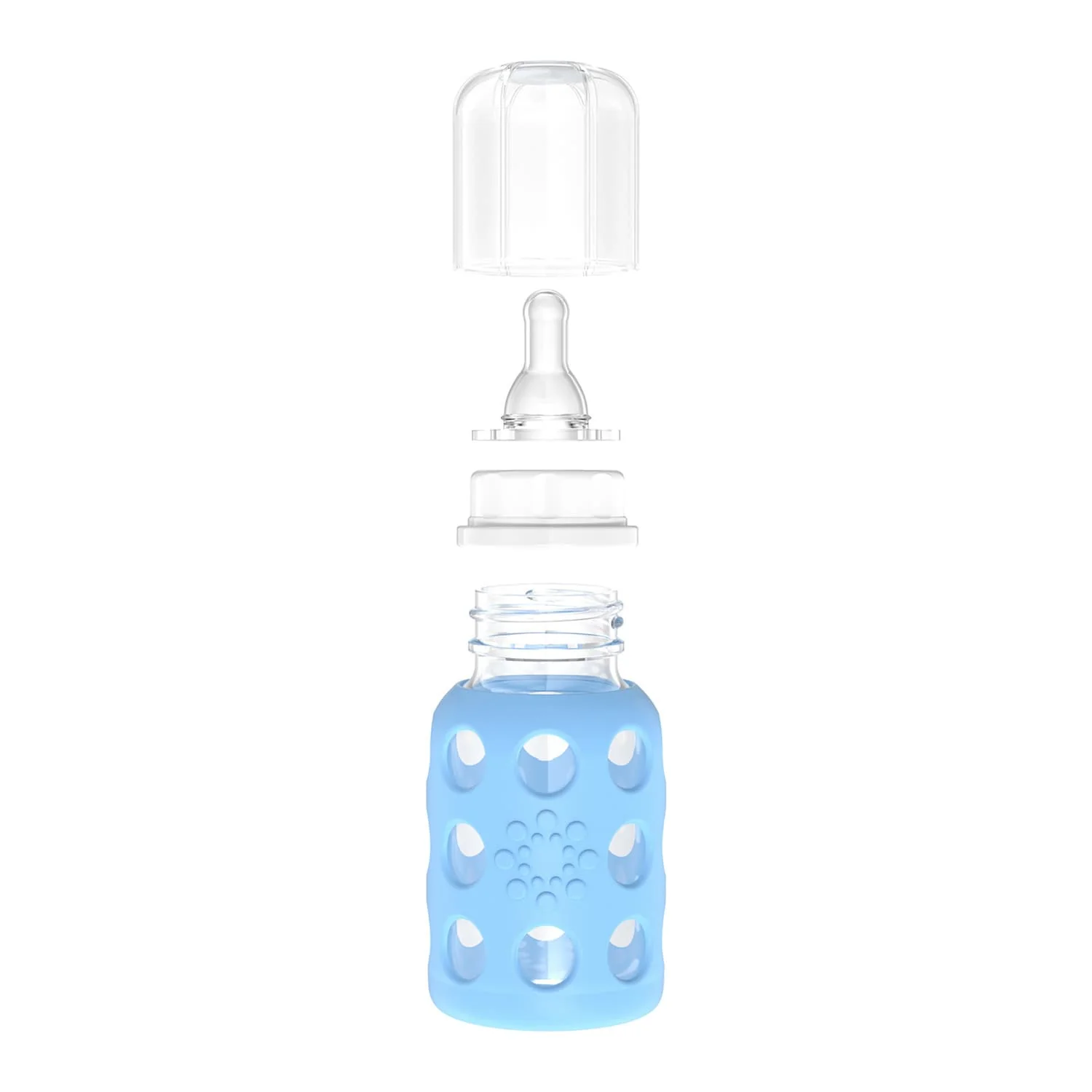 Lifefactory 4-Oz. Glass Baby Bottle with Silicone Sleeve, Stage 1 Nipple, Stopper, and Cap, Sky - Image 4