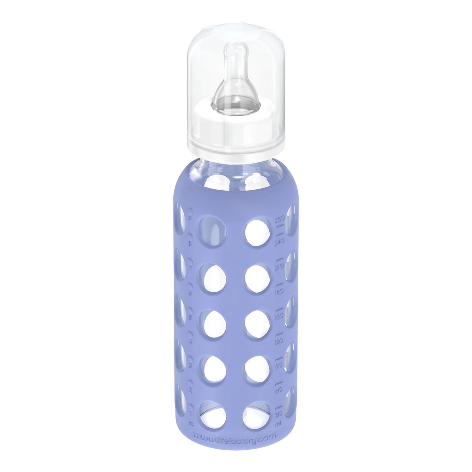 Lifefactory 9-Oz. Glass Baby Bottle with Silicone Sleeve, Stage 2 Nipple, Stopper, and Cap, Blueberry