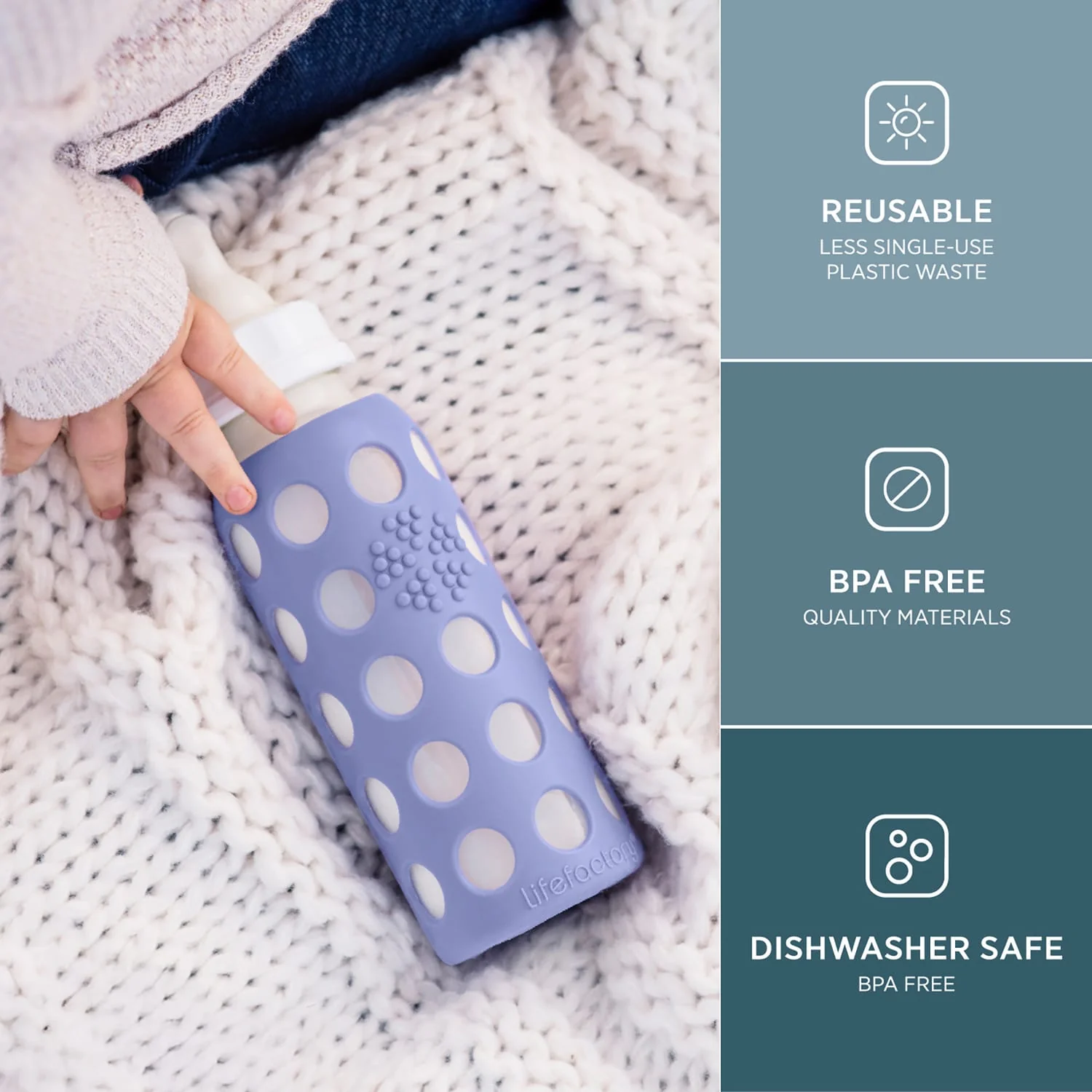 Lifefactory 9-Oz. Glass Baby Bottle with Silicone Sleeve, Stage 2 Nipple, Stopper, and Cap, Blueberry - Image 5