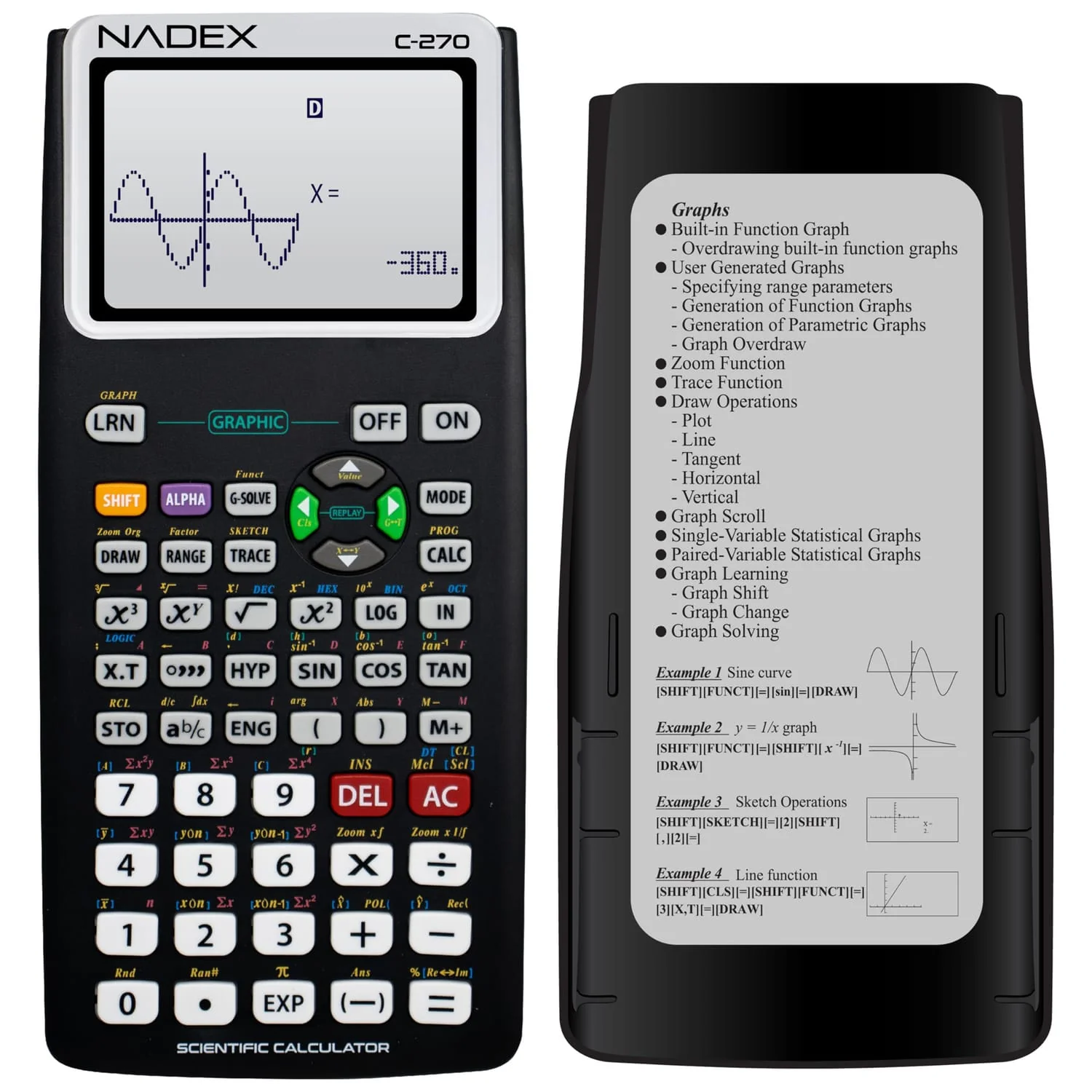 Nadex Coins C-270 Scientific Calculator with Black and White Graph Functions, Battery Powered, Black