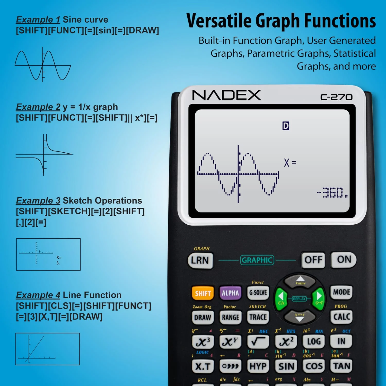 Nadex Coins C-270 Scientific Calculator with Black and White Graph Functions, Battery Powered, Black - Image 2