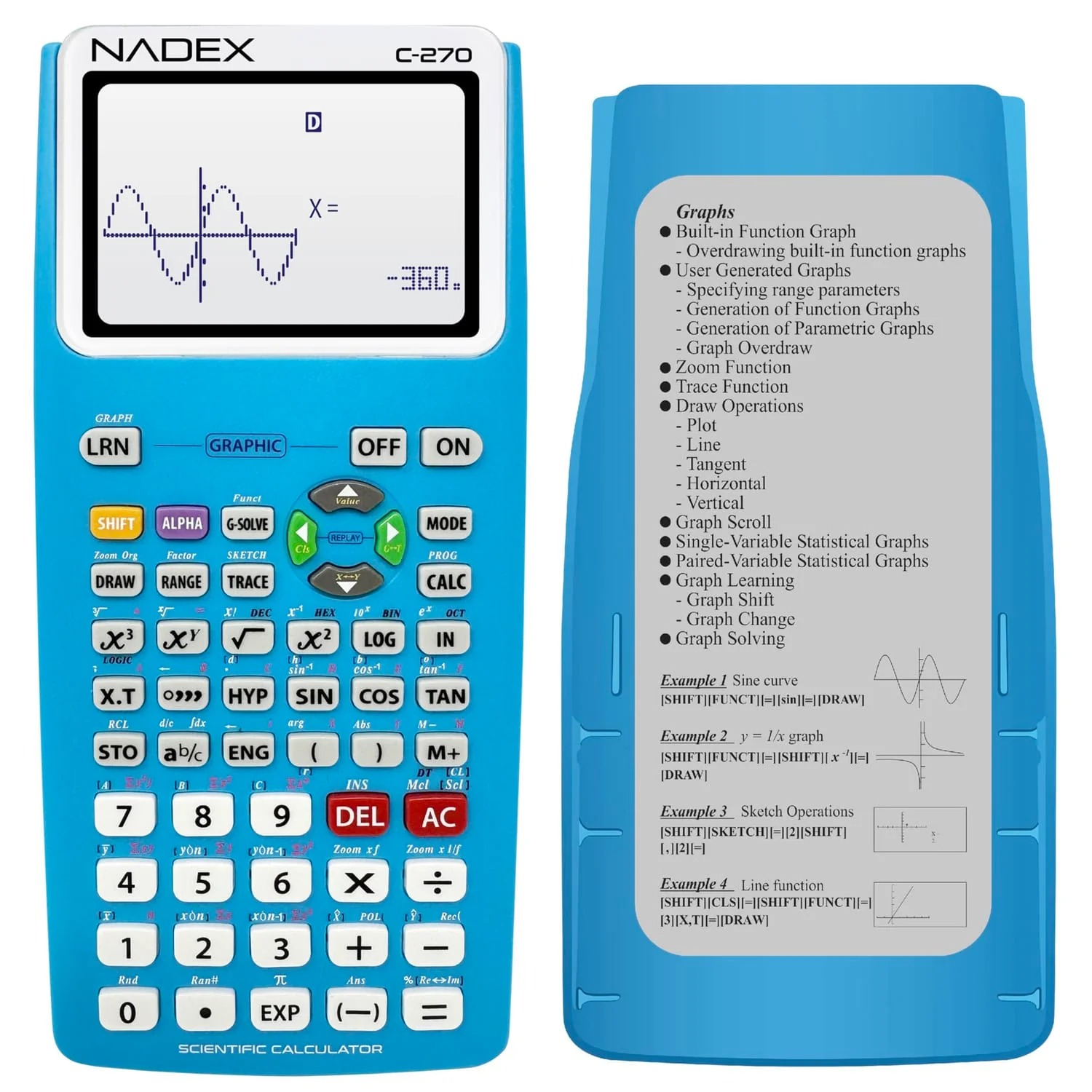 Nadex Coins C-270 Scientific Calculator with Black and White Graph Functions, Battery Powered, Blue
