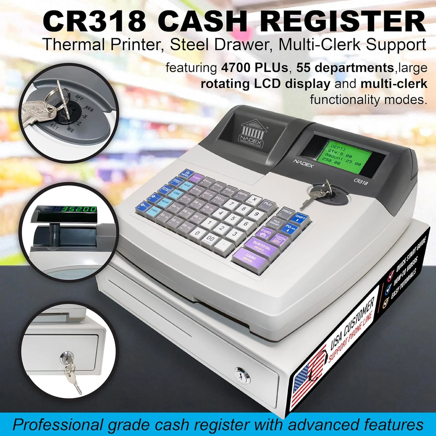 Nadex Coins CR318 POS Electronic Cash Register with Steel Drawer, Thermal Printer, and Multi-Clerk Support - Image 3