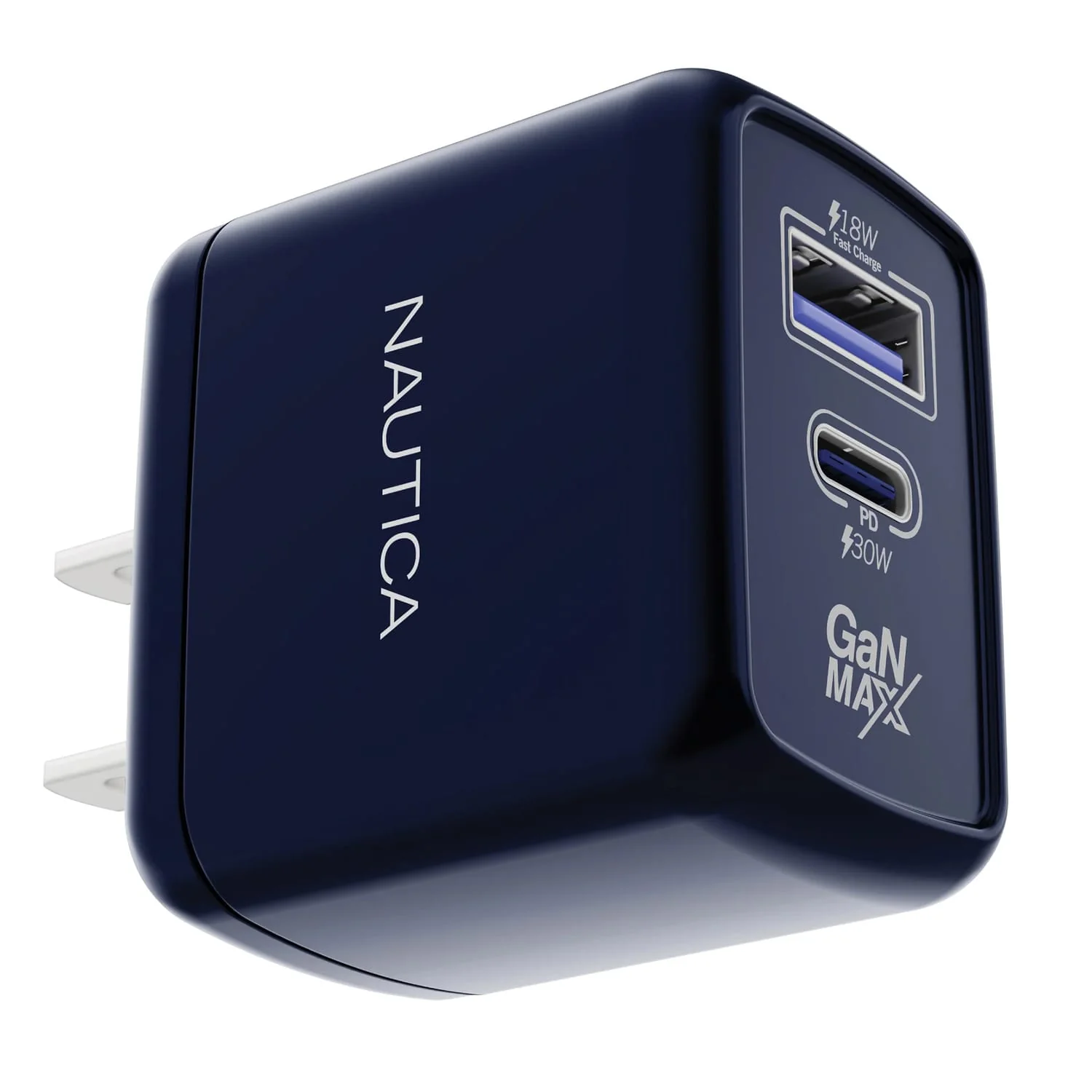Nautica 2-USB Port Wall Charger with 30-Watt PD USB-C and USB-A QC3.0, CH130, Navy