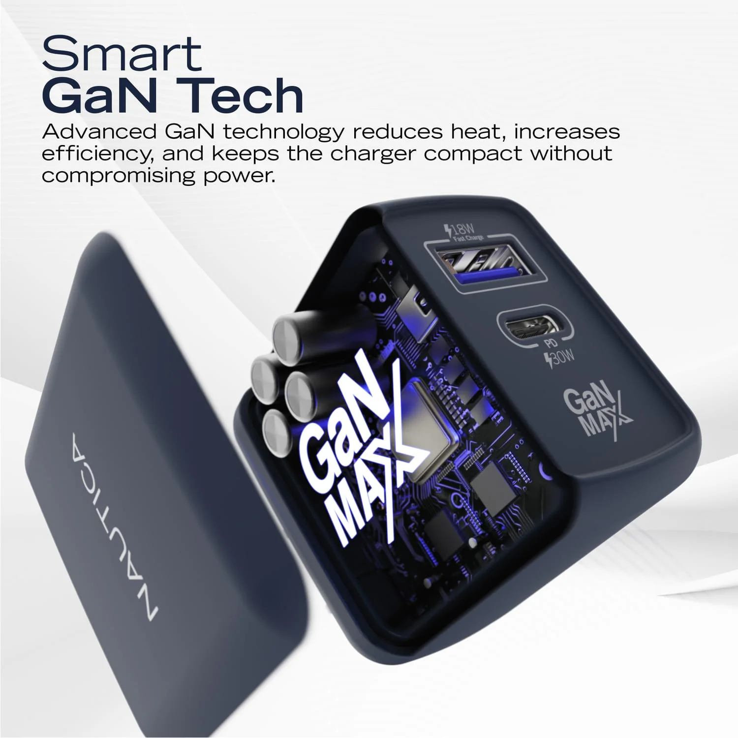 Nautica 2-USB Port Wall Charger with 30-Watt PD USB-C and USB-A QC3.0, CH130, Navy - Image 3