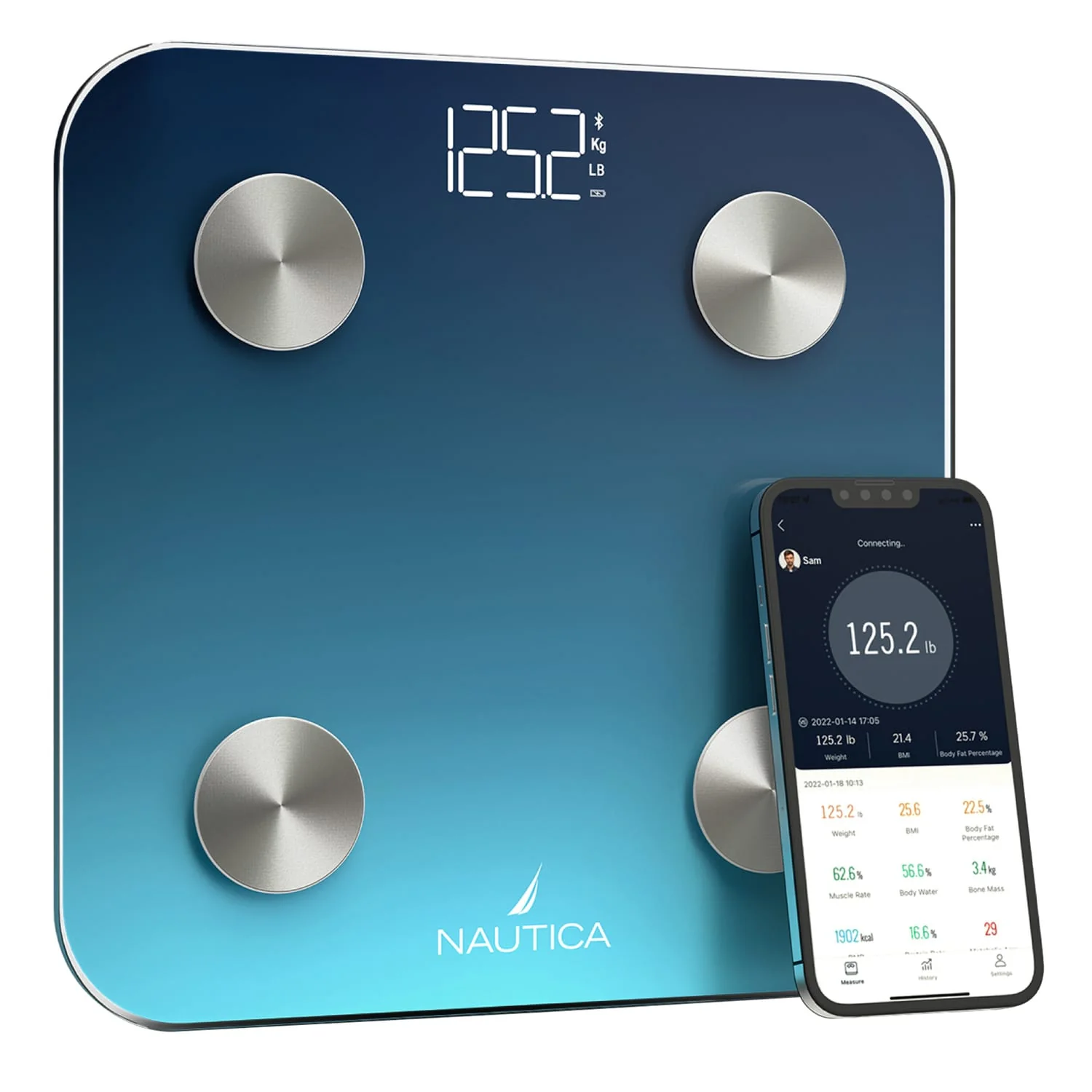 Nautica 396-Lb. Capacity Smart Digital Bathroom Scale with Bluetooth, LED Display, Body Tracker App, Body Composition, BMI, Muscle Mass, Navy Blue
