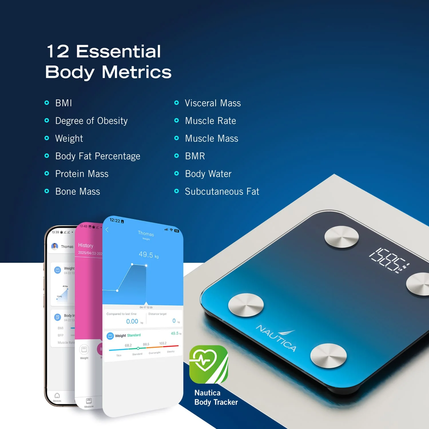 Nautica 396-Lb. Capacity Smart Digital Bathroom Scale with Bluetooth, LED Display, Body Tracker App, Body Composition, BMI, Muscle Mass, Navy Blue - Image 3