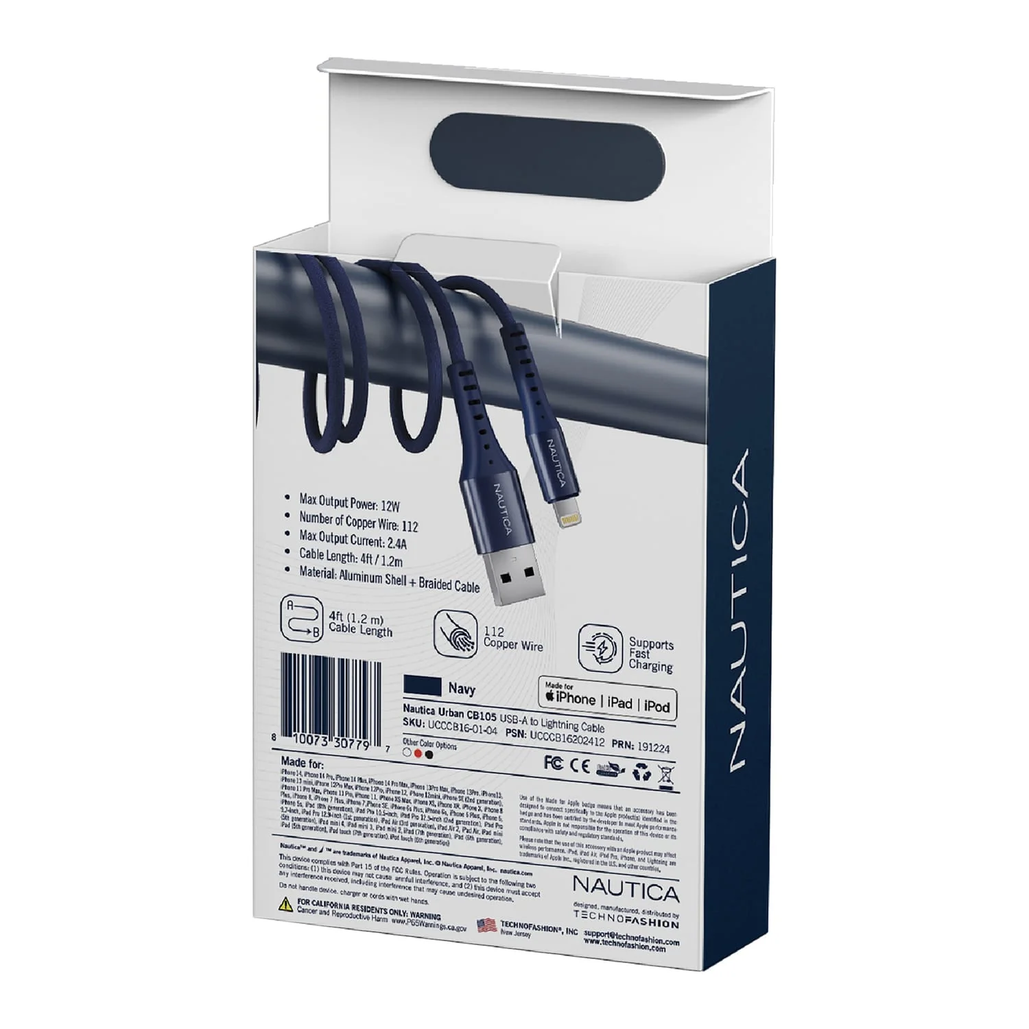 Nautica 4-Ft. 12-Watt USB-A to Lightning Cable, MFi Certified, Urban CB105, Navy - Image 4