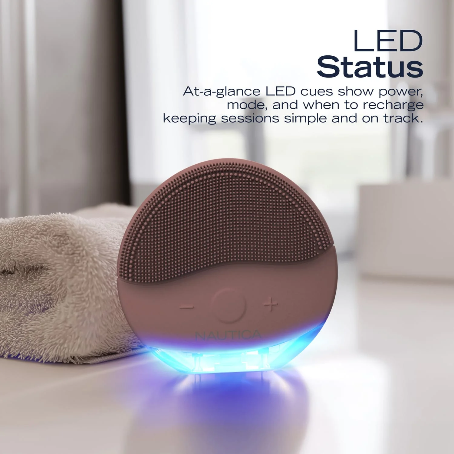 Nautica Compact Waterproof Sonic Dual-Sided Silicone Facial Cleansing Pad, w/ 12 Vibration Modes and LED Indicator, Rechargeable, Deep Cleanse, Powder - Image 2