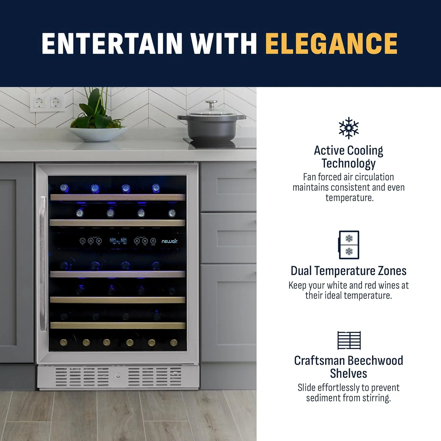 Newair 24" Dual Zone Wine Fridge with Beech Wood Shelves, 46 Bottles, Stainless Steel - Certified Refurbished - Image 6