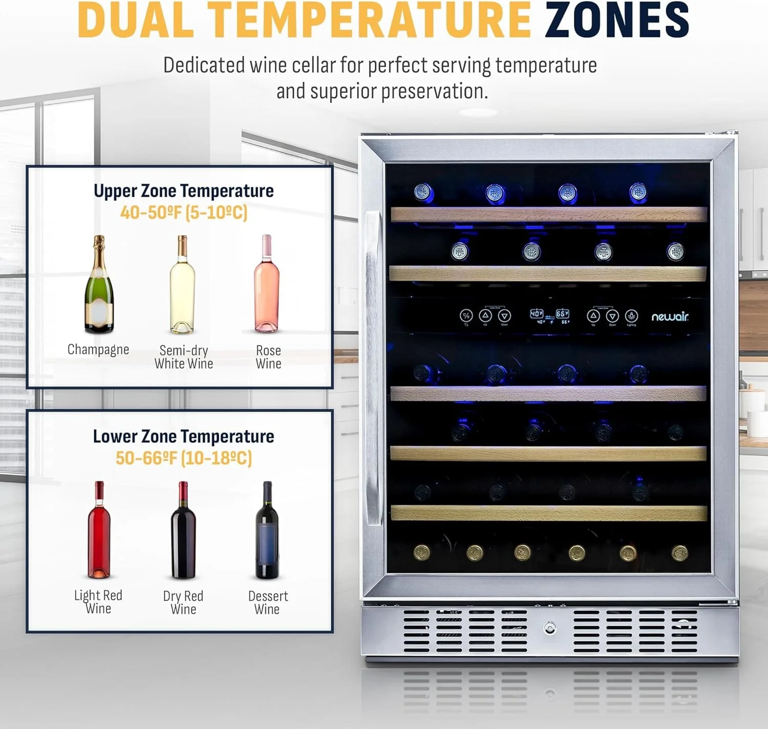 Newair 24" Dual Zone Wine Fridge with Beech Wood Shelves, 46 Bottles, Stainless Steel - Certified Refurbished - Image 7