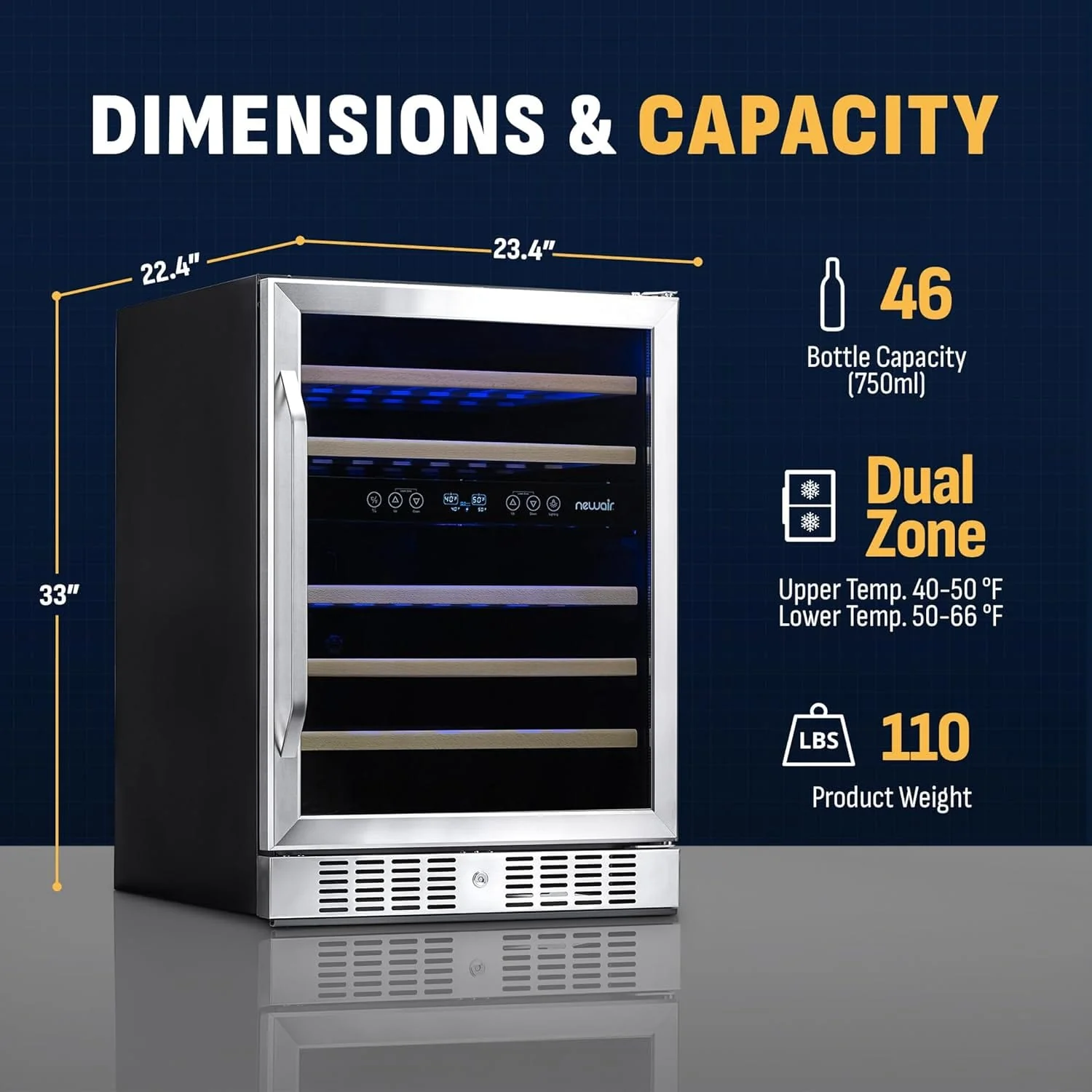 Newair 24" Dual Zone Wine Fridge with Beech Wood Shelves, 46 Bottles, Stainless Steel - Certified Refurbished - Image 8