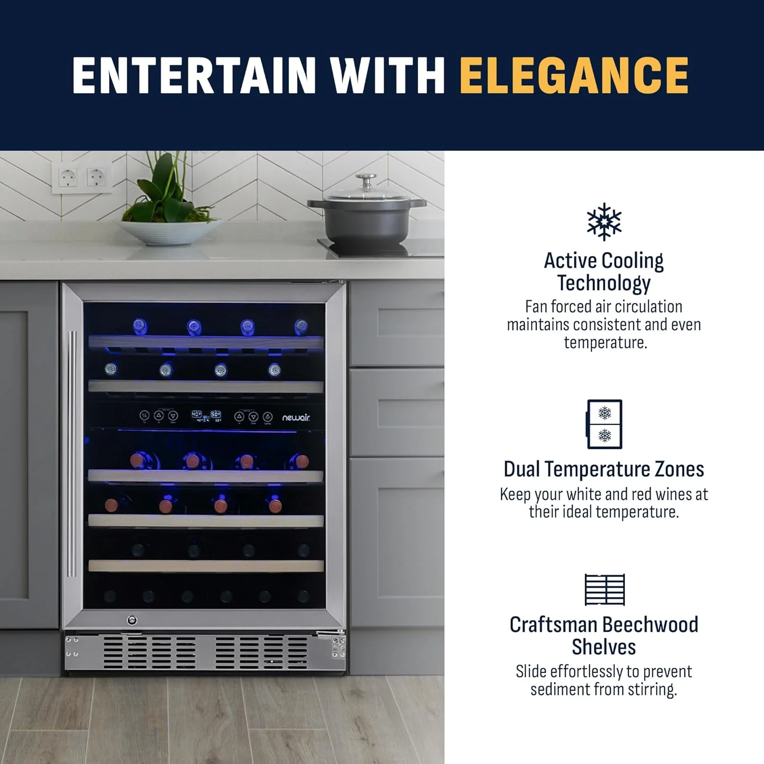 Newair Dual Zone Fridge with Beech Wood Shelves, 46 Bottles, Stainless Steel - Certified Refurbished - Image 6