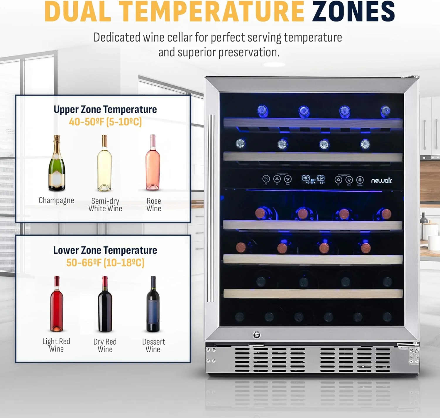 Newair Dual Zone Fridge with Beech Wood Shelves, 46 Bottles, Stainless Steel - Certified Refurbished - Image 7