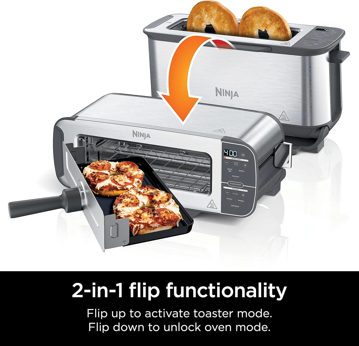 Ninja ST101 Foodi 2-in-1 Flip Toaster, 2-Slice Capacity, Compact Toaster Oven, Snack Maker, Reheat, Defrost, 1500 Watts, 6 Functions, Stainless Steel - Image 2