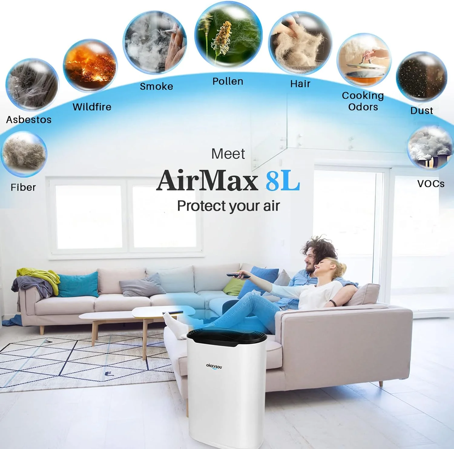 Okaysou AirMax8L 5-in-1 True HEPA Double Filtration System Large Room Air Purifier, White - Image 3