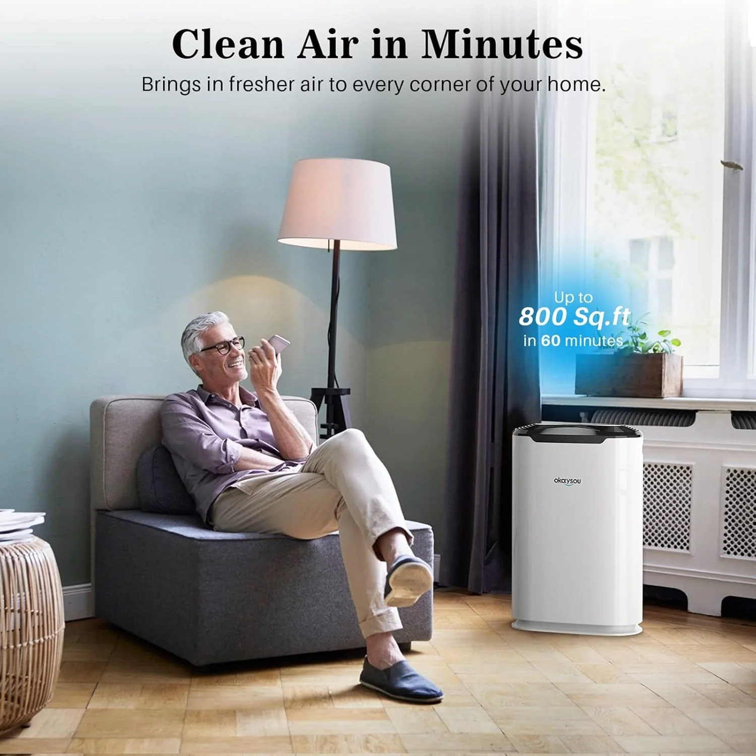 Okaysou AirMax8L 5-in-1 True HEPA Double Filtration System Large Room Air Purifier, White - Image 6