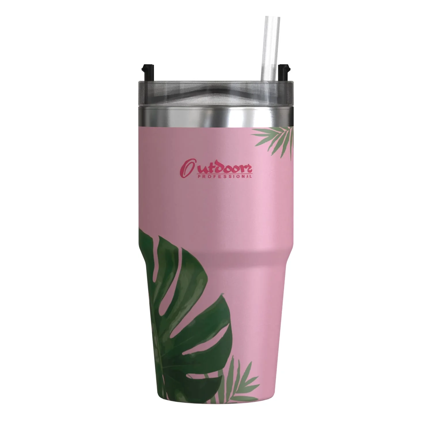 Outdoors Professional 20-Oz. Stainless Steel Double-Walled Insulated Tumbler with Straw, Tropical Pink