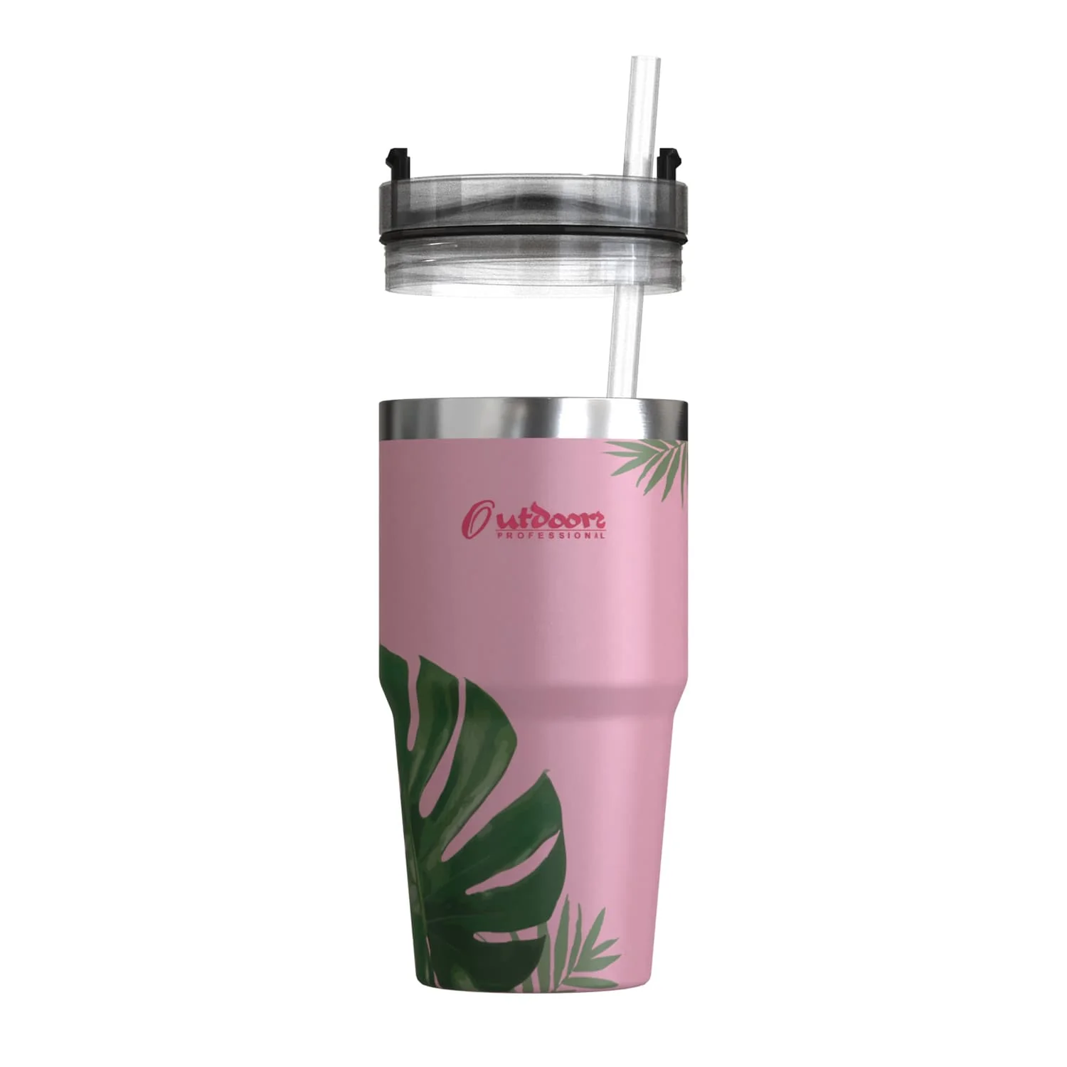 Outdoors Professional 20-Oz. Stainless Steel Double-Walled Insulated Tumbler with Straw, Tropical Pink - Image 3