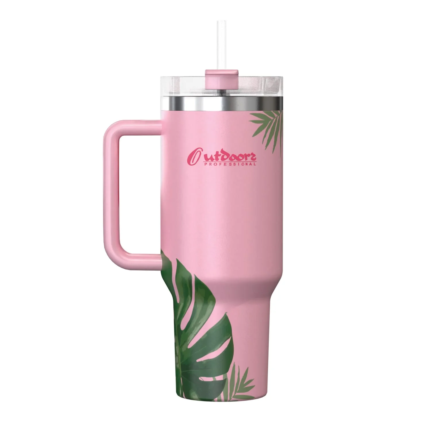 Outdoors Professional 40-Oz. Stainless Steel Double-Walled Insulated Tumbler with Straw, Tropical Pink