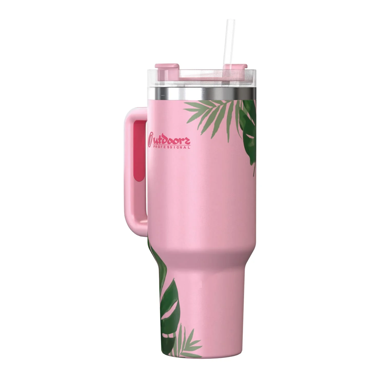 Outdoors Professional 40-Oz. Stainless Steel Double-Walled Insulated Tumbler with Straw, Tropical Pink - Image 2