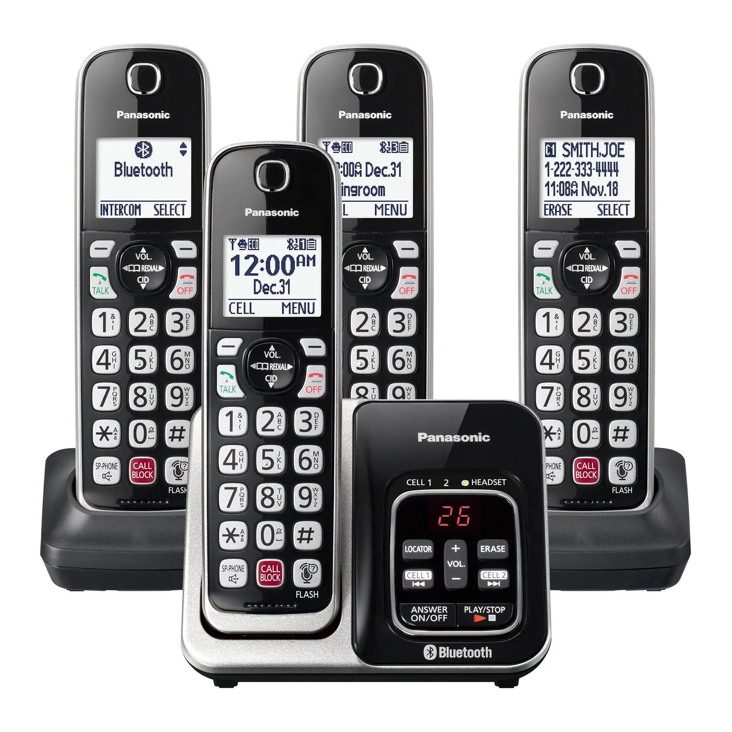 Panasonic 4-Handset Expandable Cordless Phone System for Landline, Digital Answering System, Bluetooth Link2Cell, Caller ID, and Call Blocker