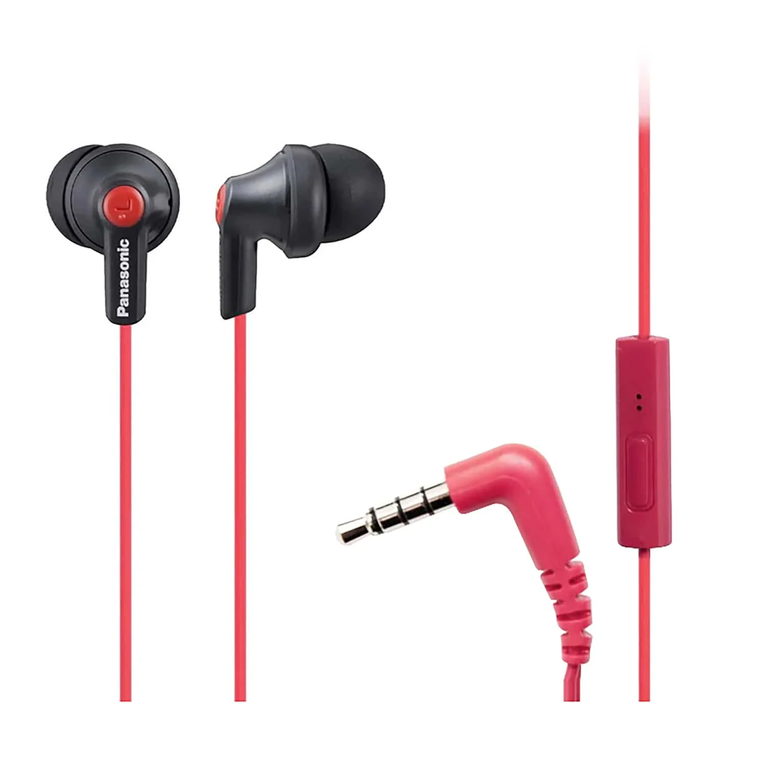 Panasonic ErgoFit Wired In-Ear Earbud Headphones with In-Line Mic/Call Remote and Right-Angle 3.5-mm TRRS Connector, RP-TCM125, Matte Black/Red