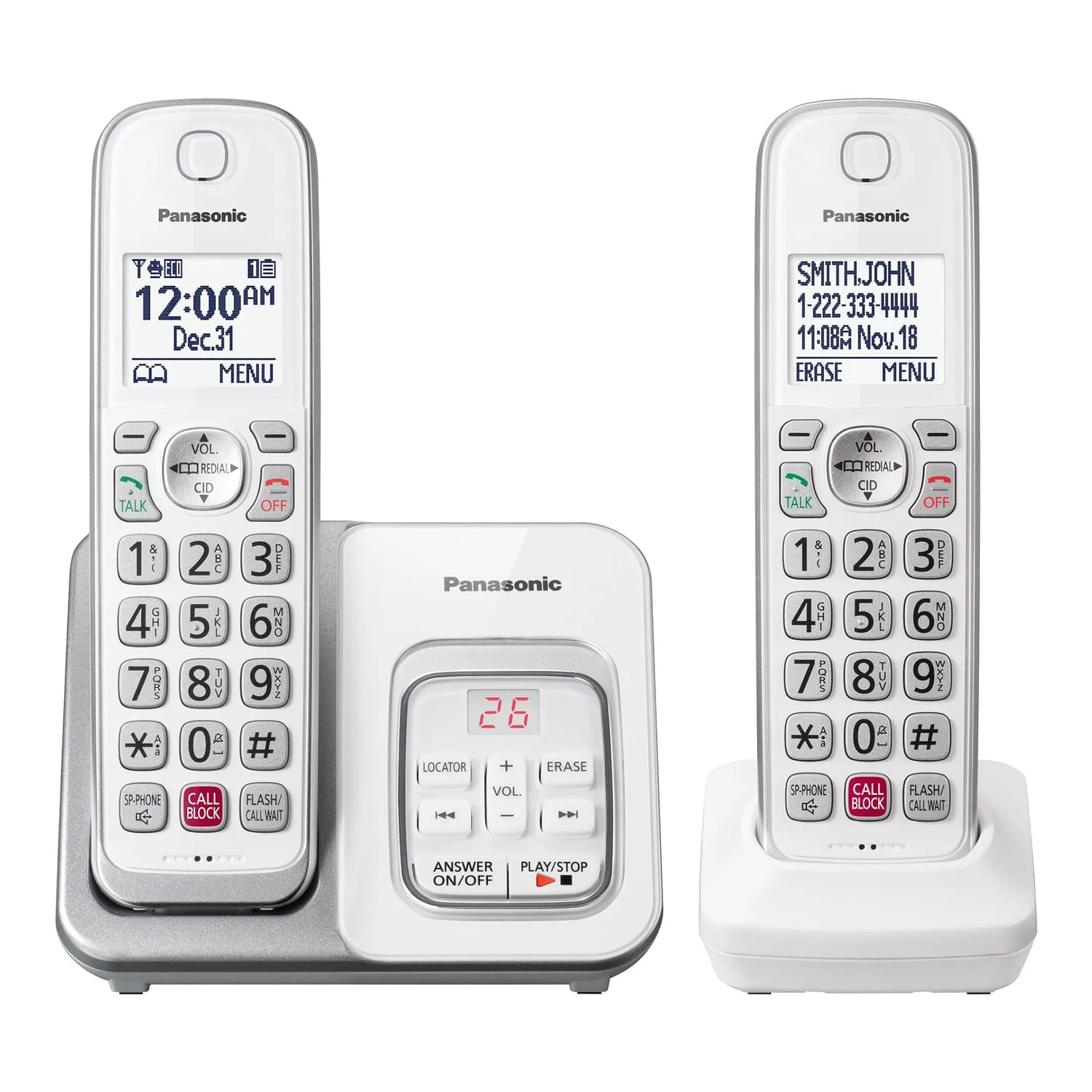 Panasonic Expandable Cordless Phone System for Landline, Digital Answering System, Caller ID, Call Blocker, and Large Buttons, 2 Handset