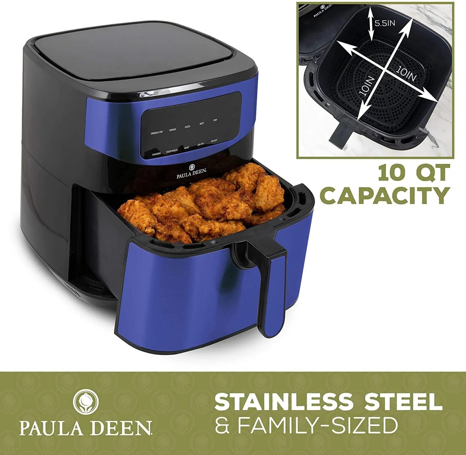 Paula Deen Stainless Steel 10 QT 1700 Watts LED Display Digital Air Fryer Blue Stainless - Certified Refurbished - Image 2