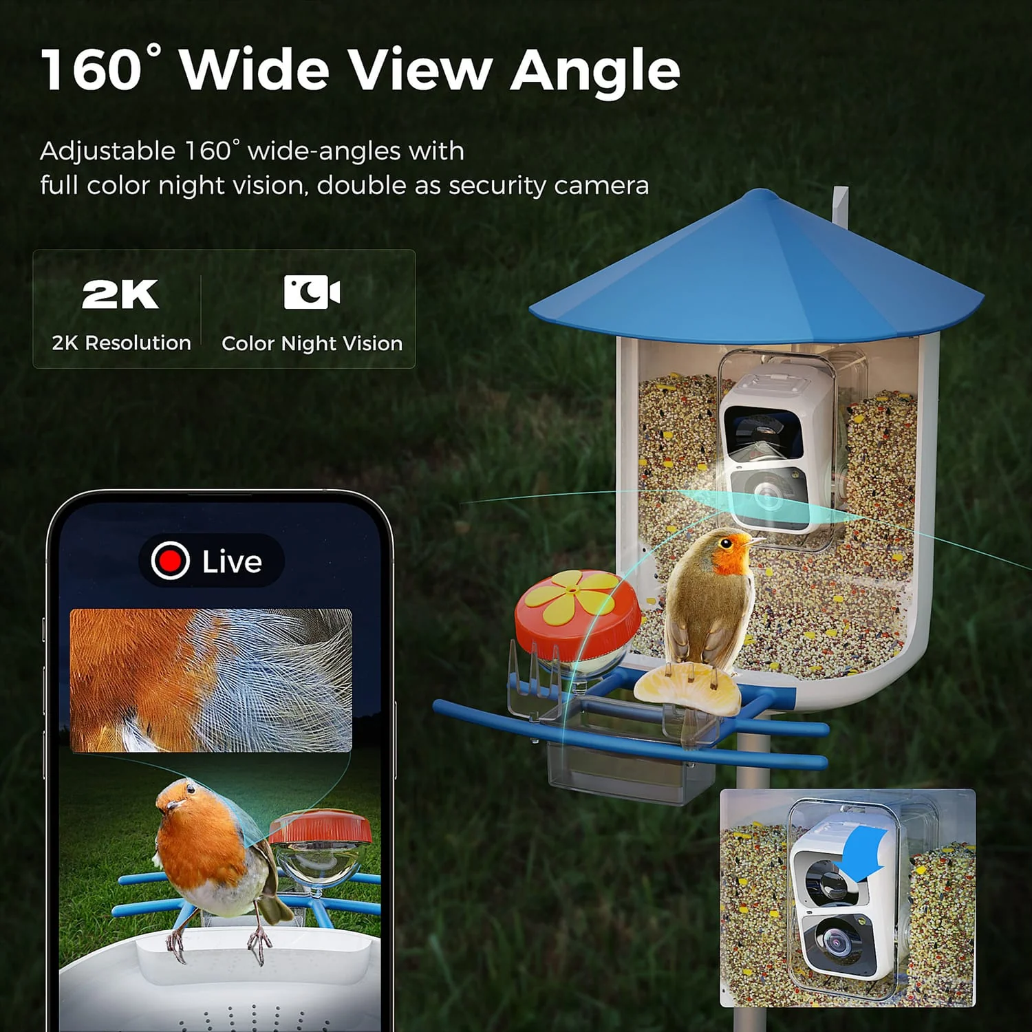 PerchMe Smart Bird Feeder with 2K Camera and Solar Panel, Azure Canopy - Image 2