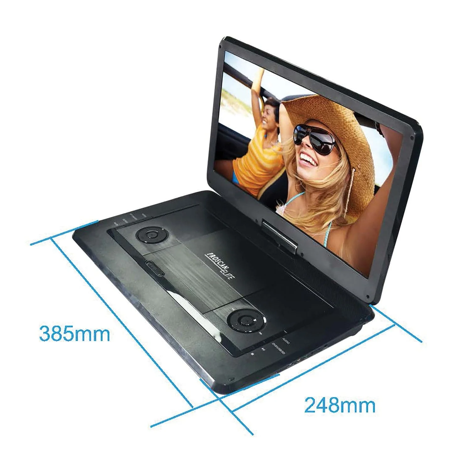 Proscan Elite 480p Portable DVD Player with 15.6-In. Swivel Widescreen, Built-in Speakers, 2.5-Hour Rechargeable Battery, Earbuds, and Remote - Image 2