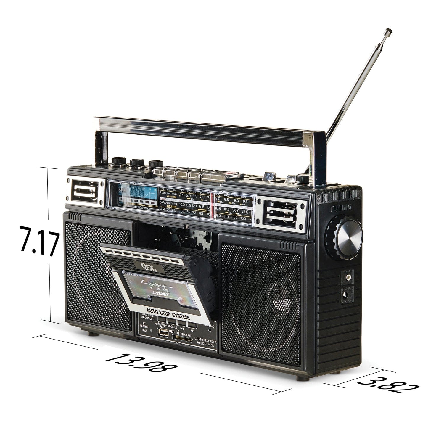 QFX Bluetooth Cassette USB/SD Card/AM/FM/SW1-2 Radio Boom Box with USB Recording and Built-in Microphone, Black, J-230BT - Image 2