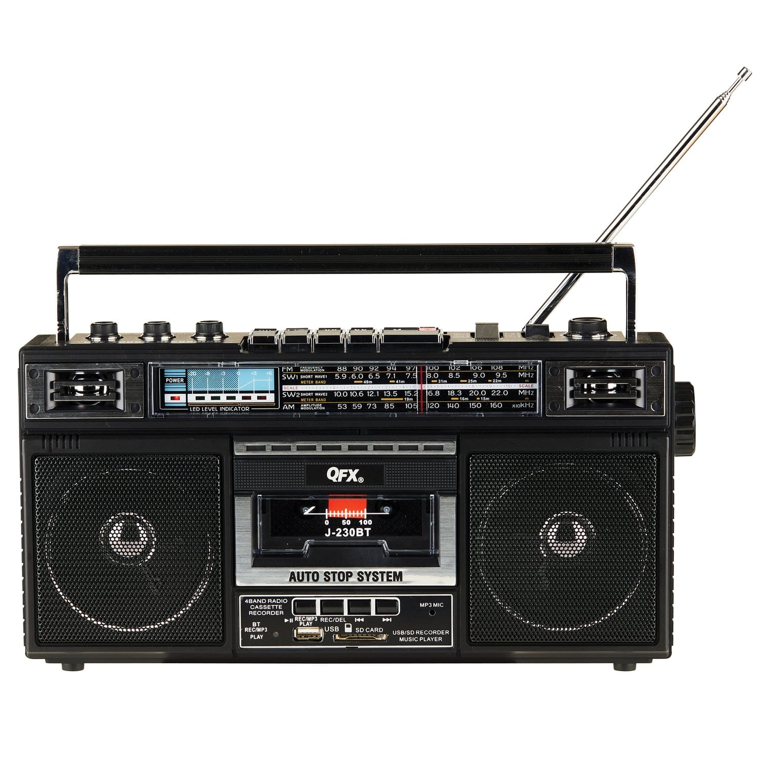 QFX Bluetooth Cassette USB/SD Card/AM/FM/SW1-2 Radio Boom Box with USB Recording and Built-in Microphone, Black, J-230BT - Image 3