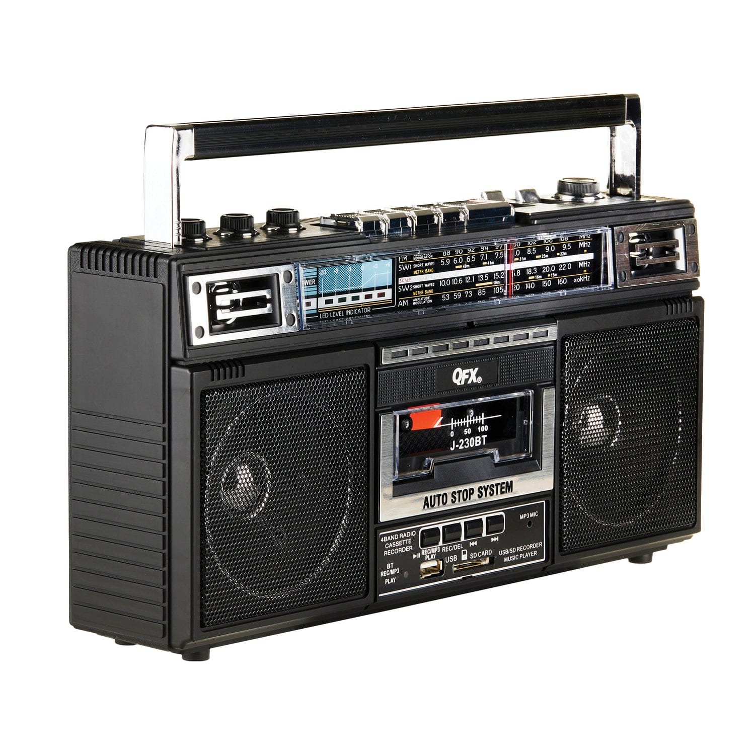 QFX Bluetooth Cassette USB/SD Card/AM/FM/SW1-2 Radio Boom Box with USB Recording and Built-in Microphone, Black, J-230BT - Image 5