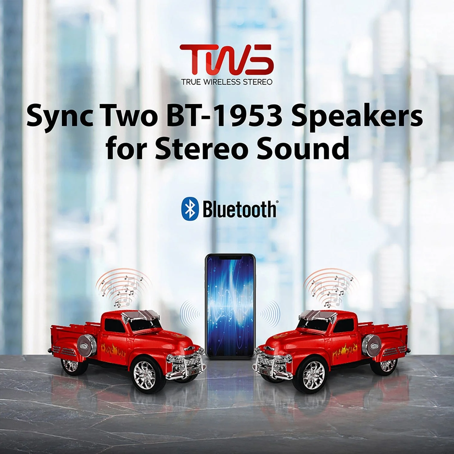 QFX BT-1953 Retro Truck Bluetooth Speaker, Red - Image 4