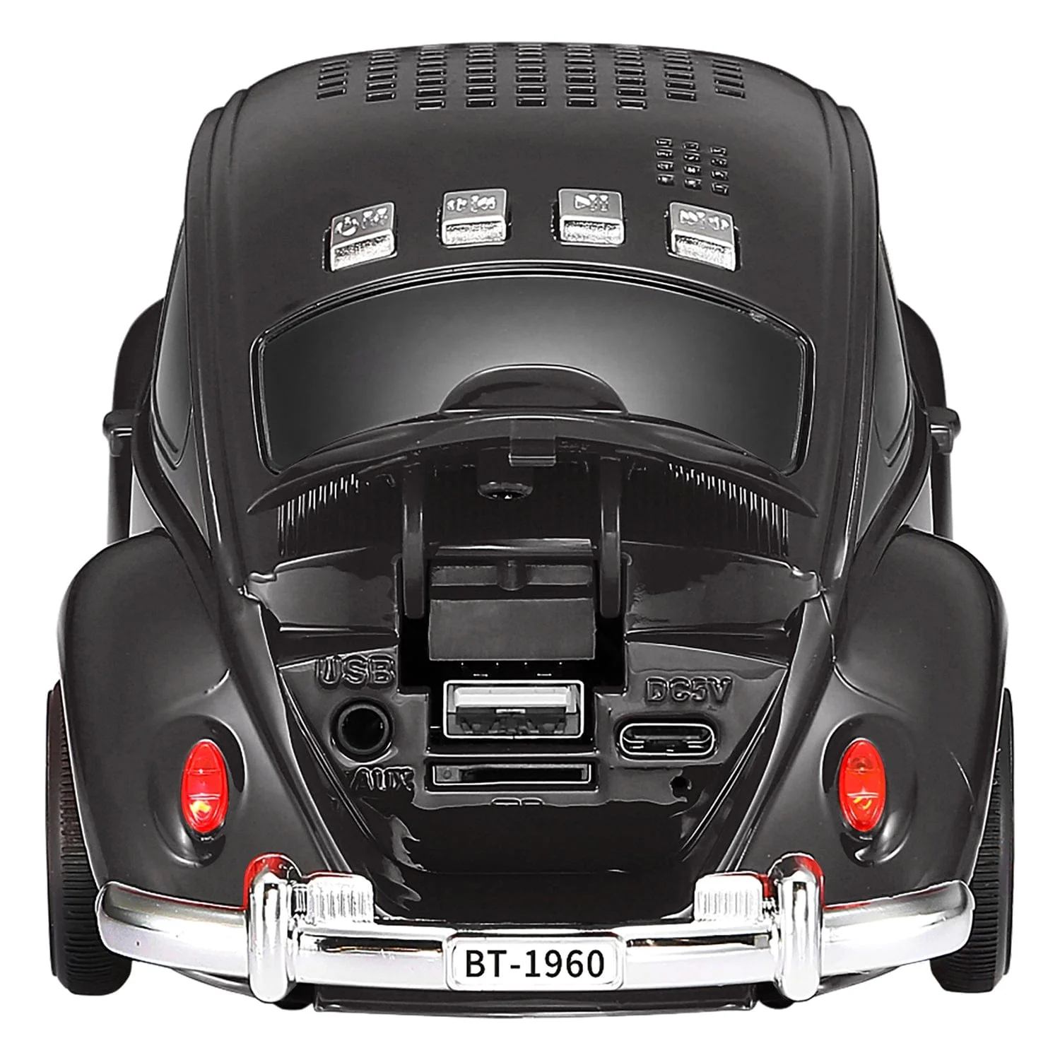 QFX BT-1960 Retro Car Portable Bluetooth Speaker with Speakerphone, True Wireless, FM Radio, and LED Party Lights, Black - Image 5