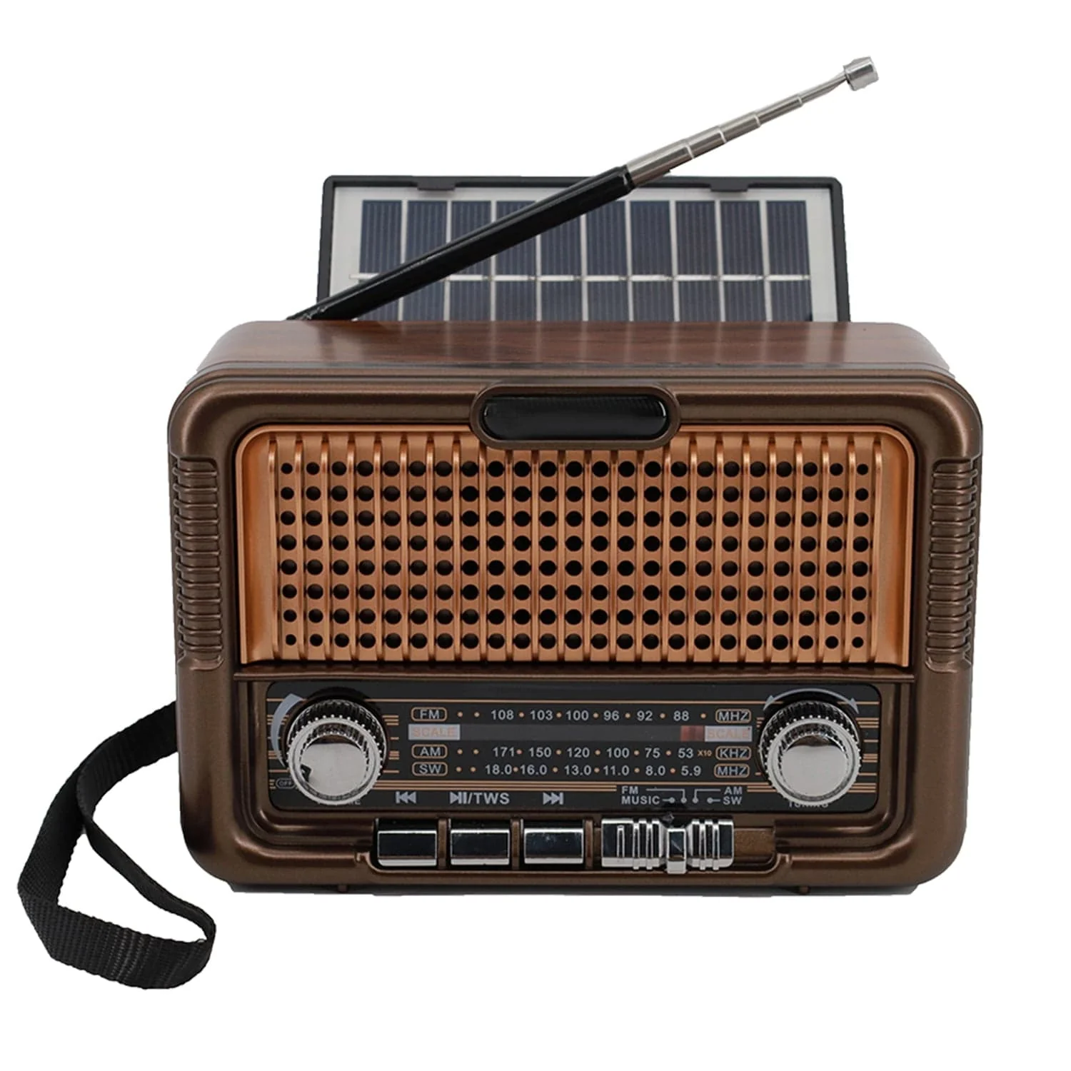 QFX Retro-Style Portable AM/FM/Shortwave Radio with Bluetooth, Solar Panel, and True Wireless, Brown, R-50