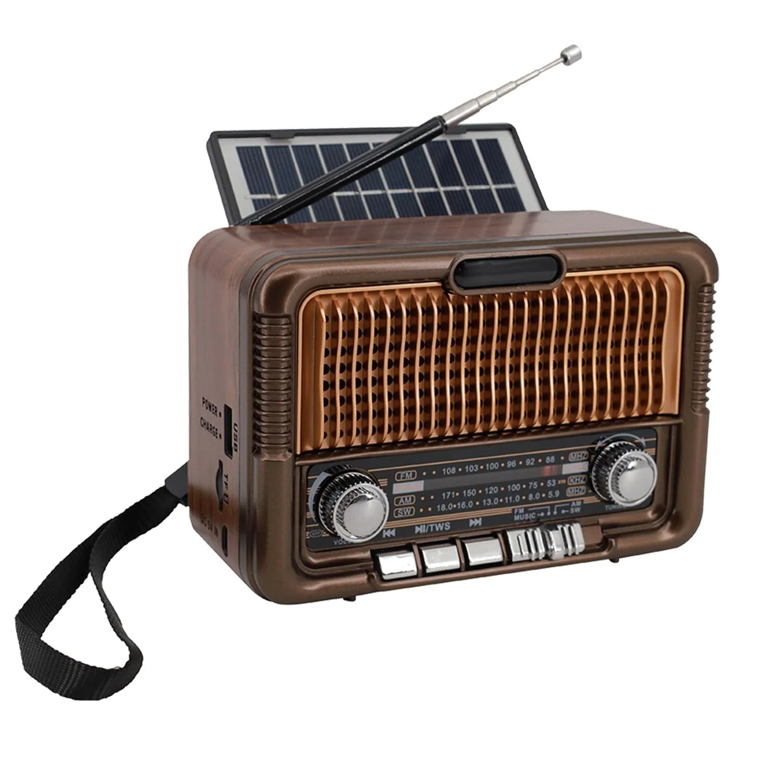 QFX Retro-Style Portable AM/FM/Shortwave Radio with Bluetooth, Solar Panel, and True Wireless, Brown, R-50 - Image 3