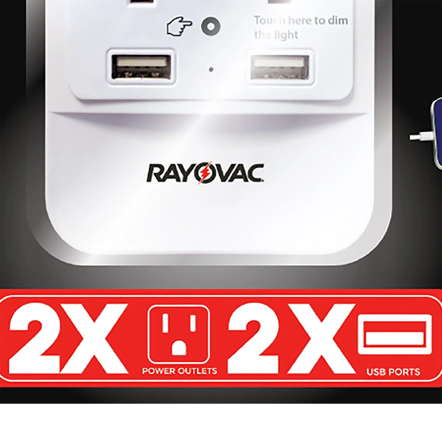 Rayovac 2-AC Outlet and 2-USB Port 300-Joules Portable Surge Protector/Splitter Wall Tap with Phone Holder and Night-Light, SS-Q202 - Image 4