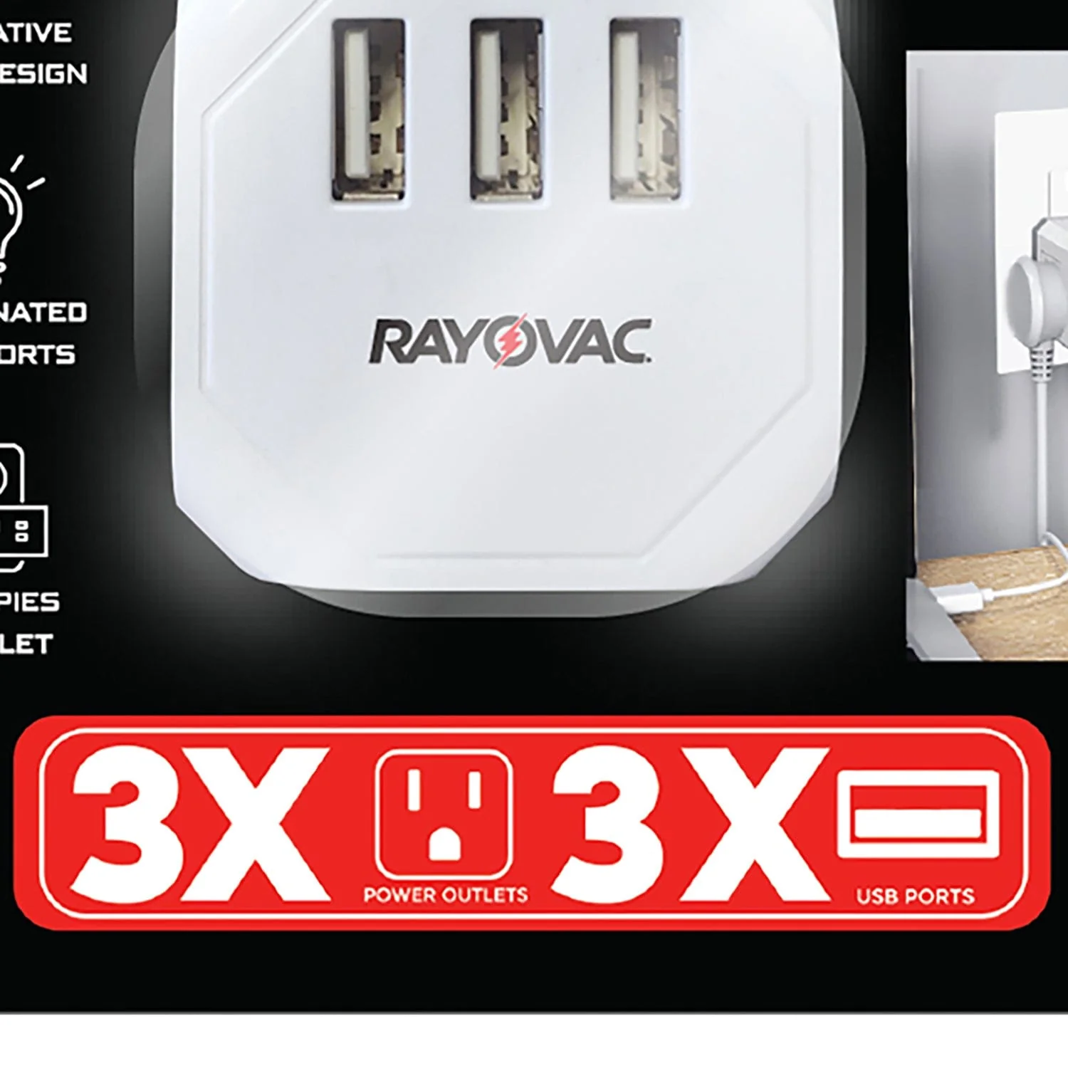 Rayovac 3-AC Outlet and 3-USB Port Portable Power Strip and Charger Wall Tap Cube, SS-Q303 - Image 4