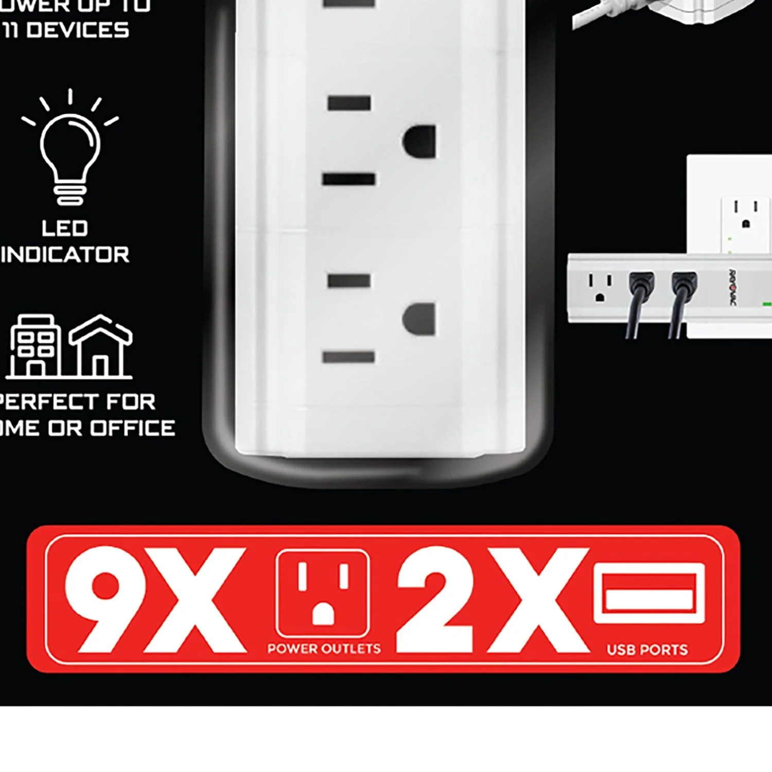 Rayovac 9-AC Outlet and 2-USB Port Portable Power Strip and Charger Wall Tap, SS-Q902 - Image 4