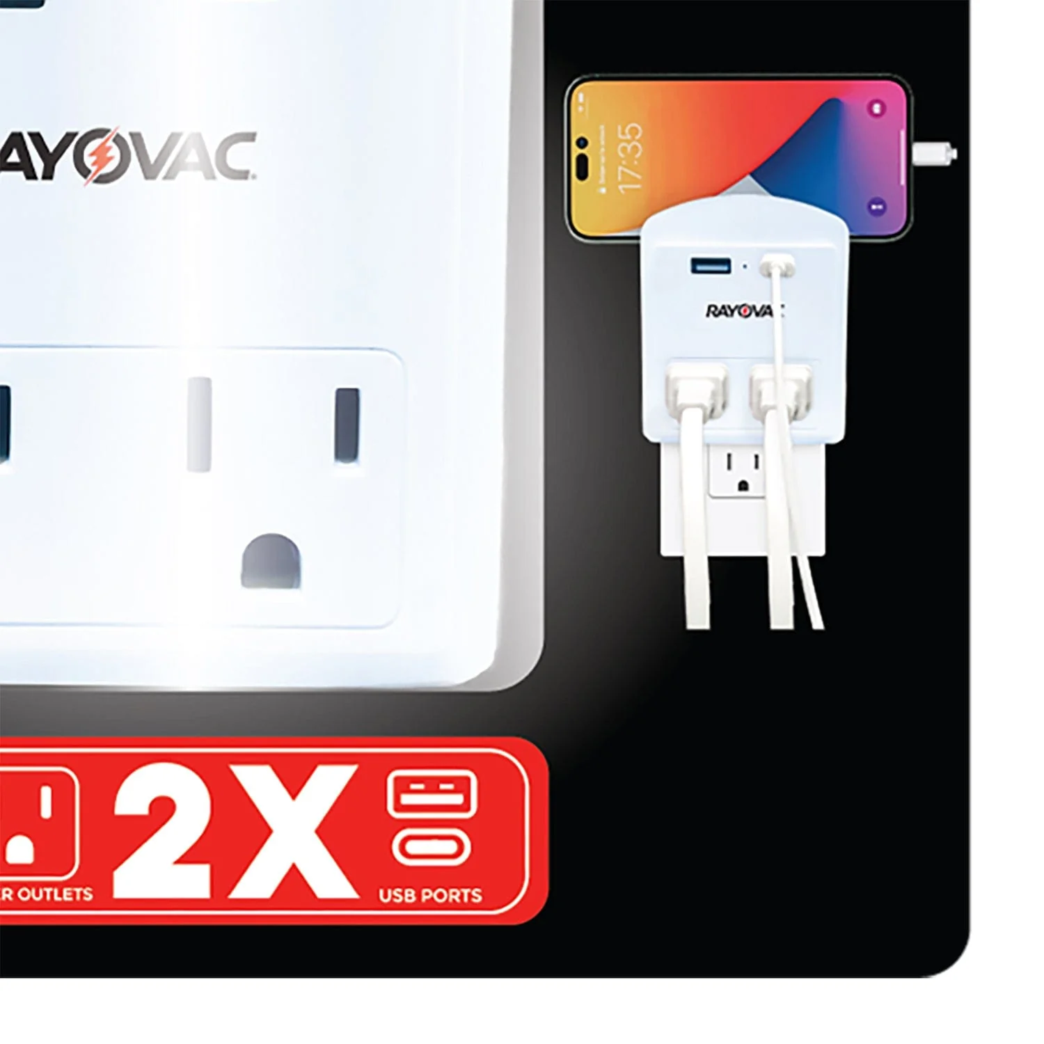 Rayovac AC Outlet and 2-USB Port 300-Joules Portable Surge Protector Wall Tap with Phone Holder, 2 Outlet - Image 4